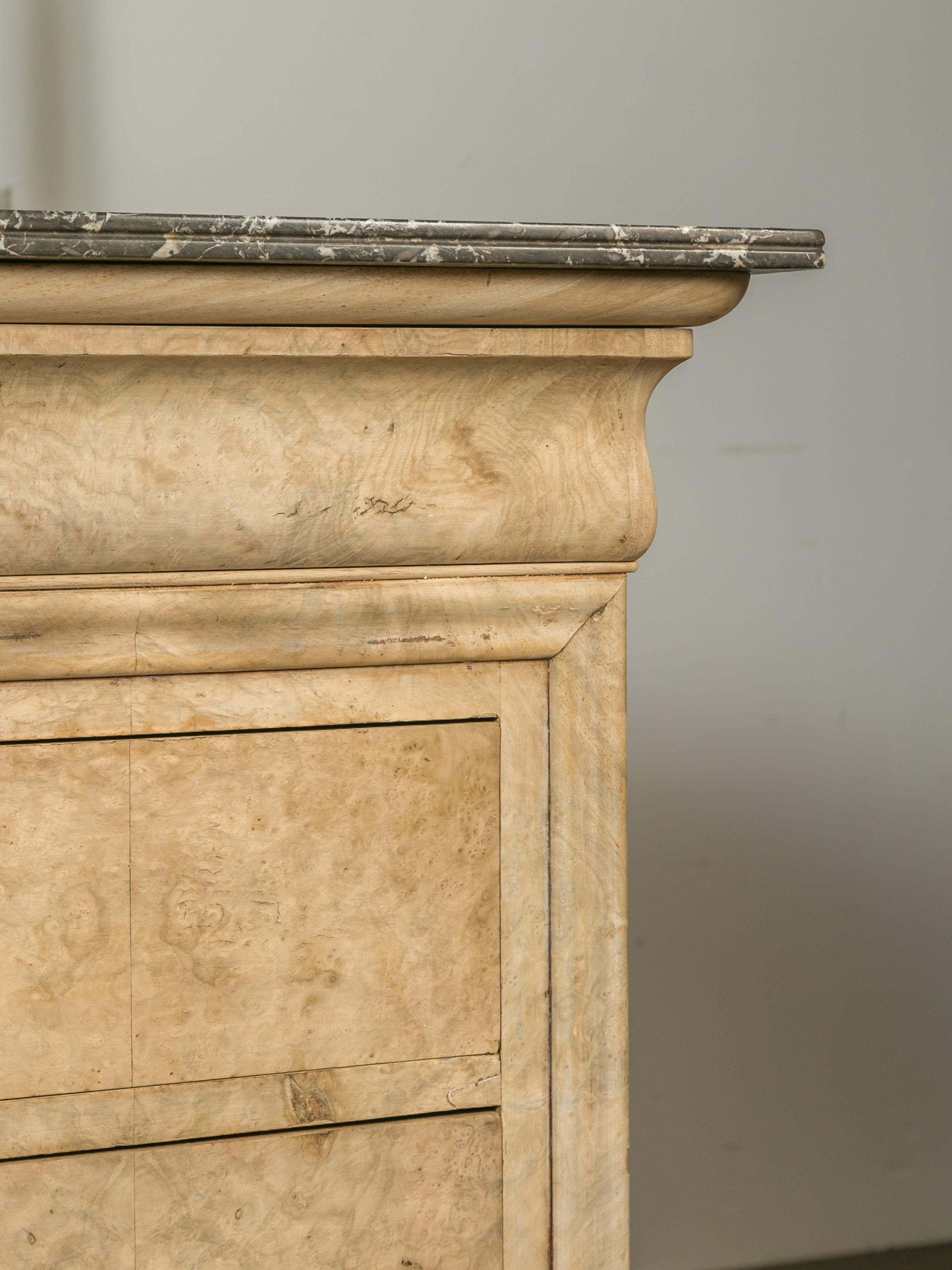 French 1870s Louis-Philippe Style Bleached Burl and Grey Marble-Top Commode 1