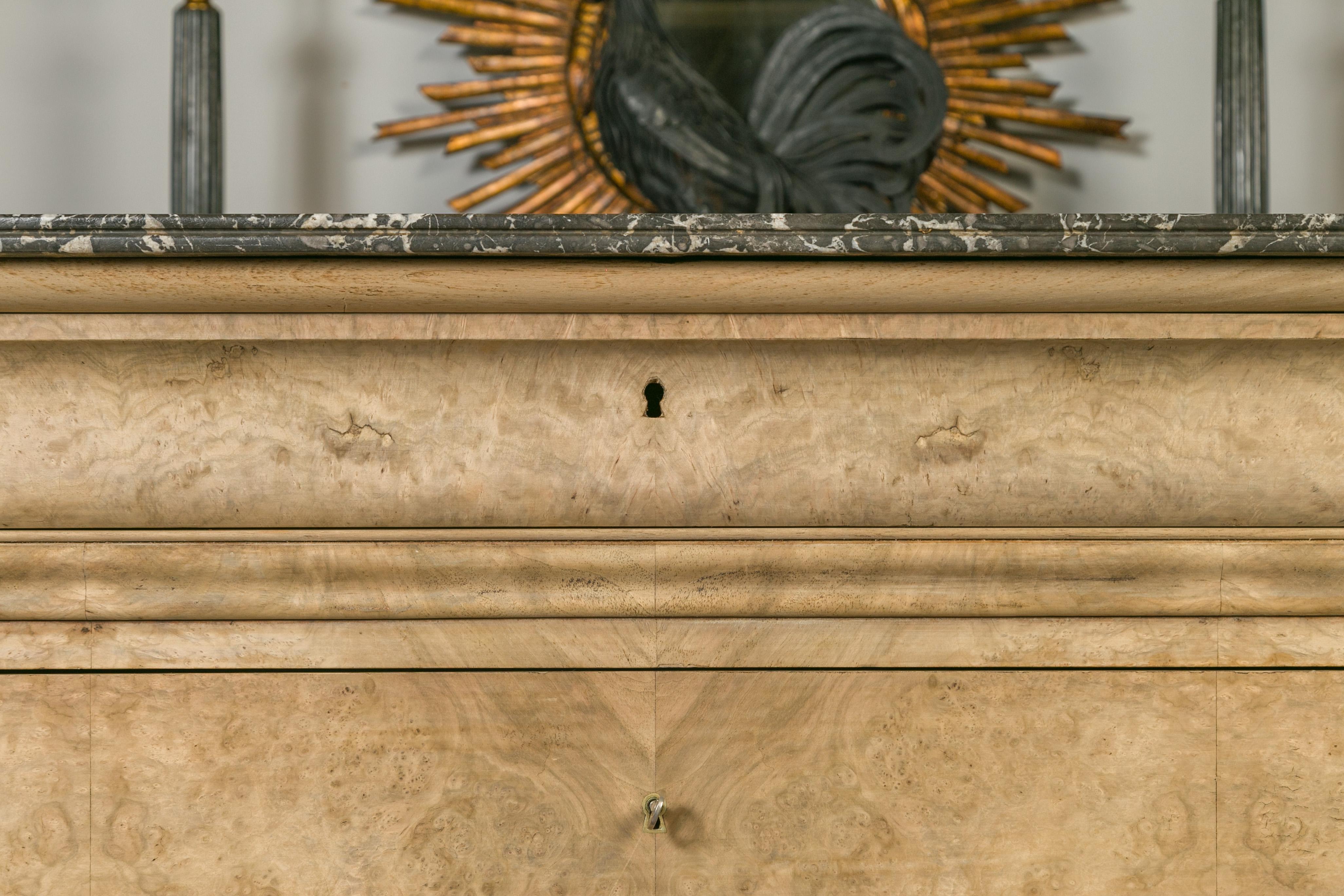 French 1870s Louis-Philippe Style Bleached Burl and Grey Marble-Top Commode 2