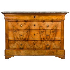 French 1870s Louis-Philippe Walnut Four-Drawer Commode with Grey Marble Top