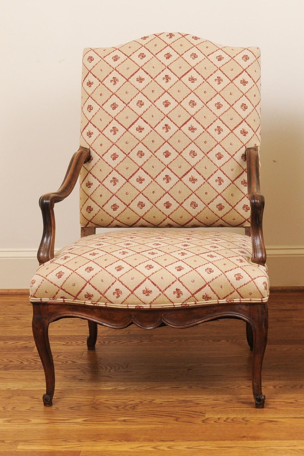 19th Century French 1870s Louis XV Style Walnut Armchair with New Floral Upholstery