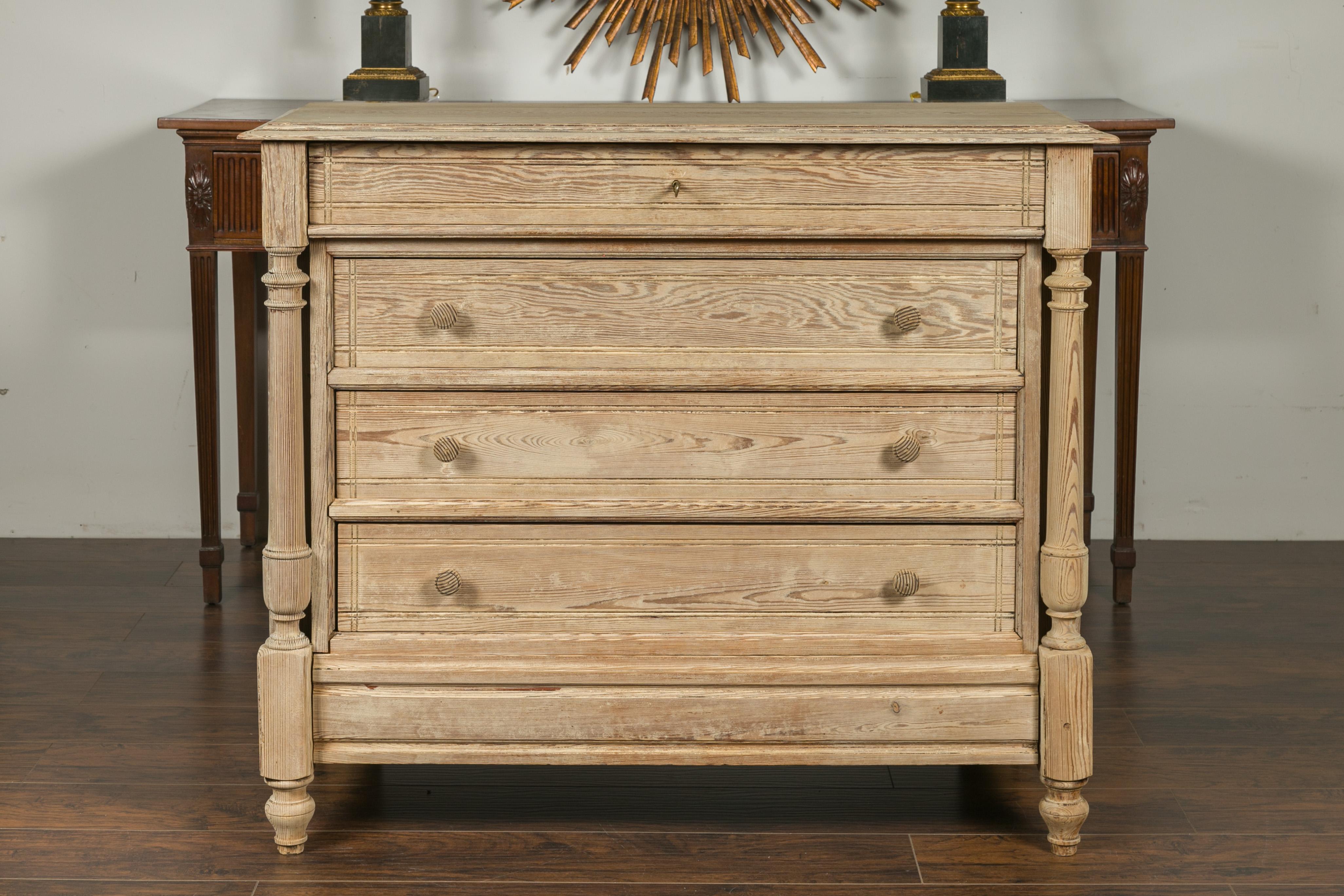 19th Century French 1870s Napoleon III Bleached Oak Four-Drawer Commode with Side Columns