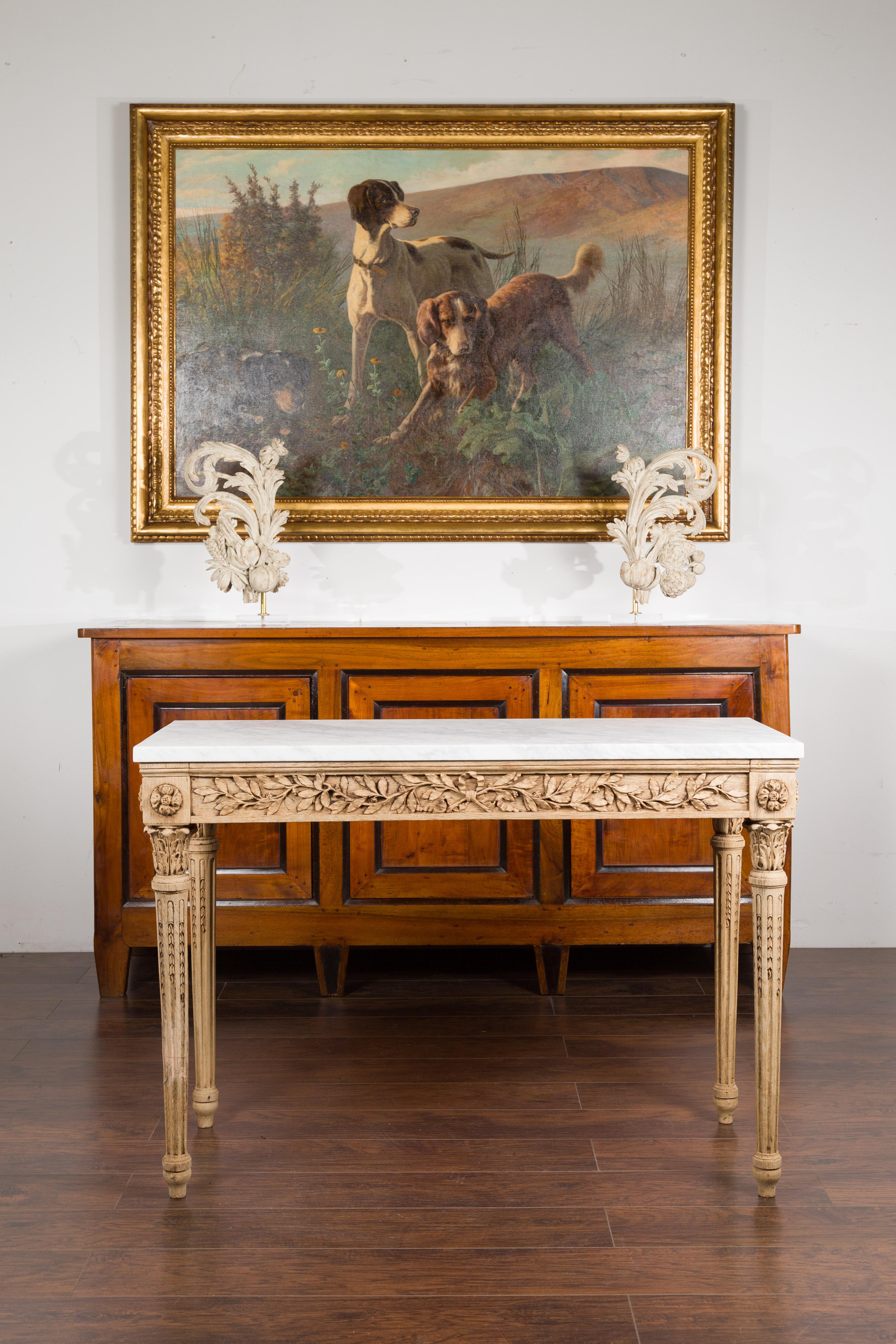 French 1870s Napoléon III Carved and Bleached Console Table with Marble Top In Good Condition In Atlanta, GA