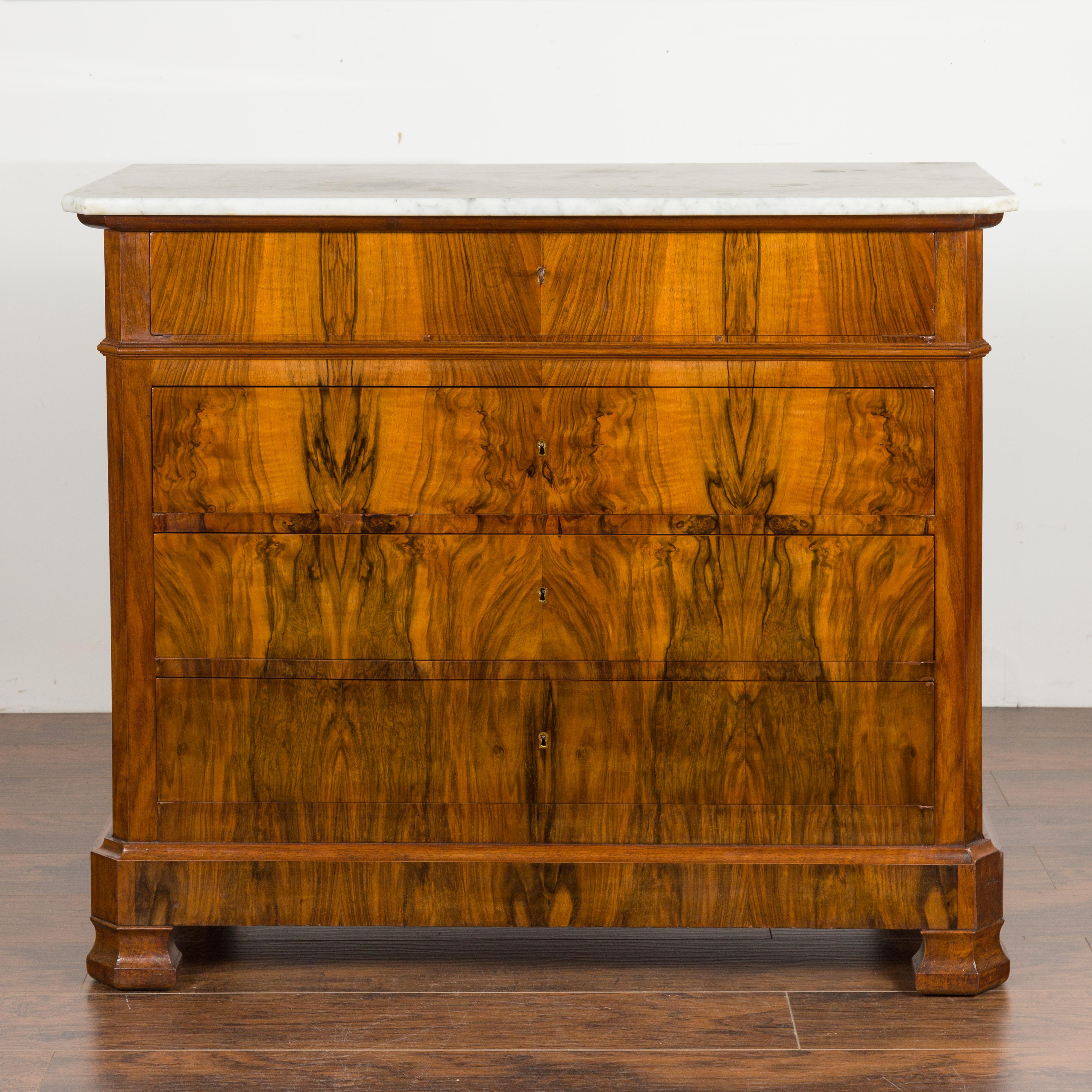 French 1870s Napoléon III Commode with Butterfly Veneer and White Marble Top In Good Condition In Atlanta, GA