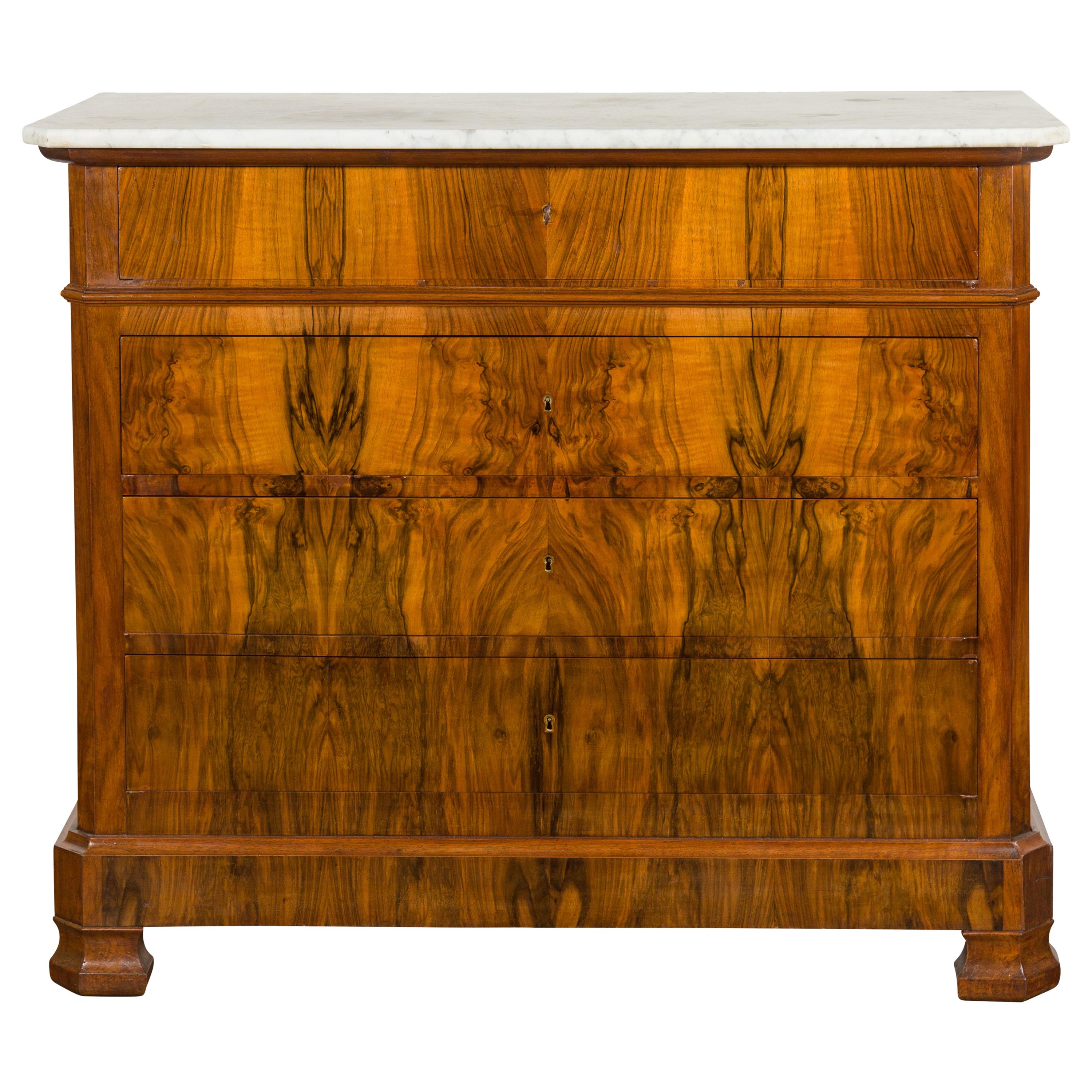 French 1870s Napoléon III Commode with Butterfly Veneer and White Marble Top