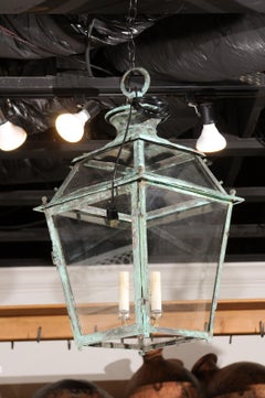 French 1870s Napoléon III Period Copper Four-Light Lantern with Verdigris Patina