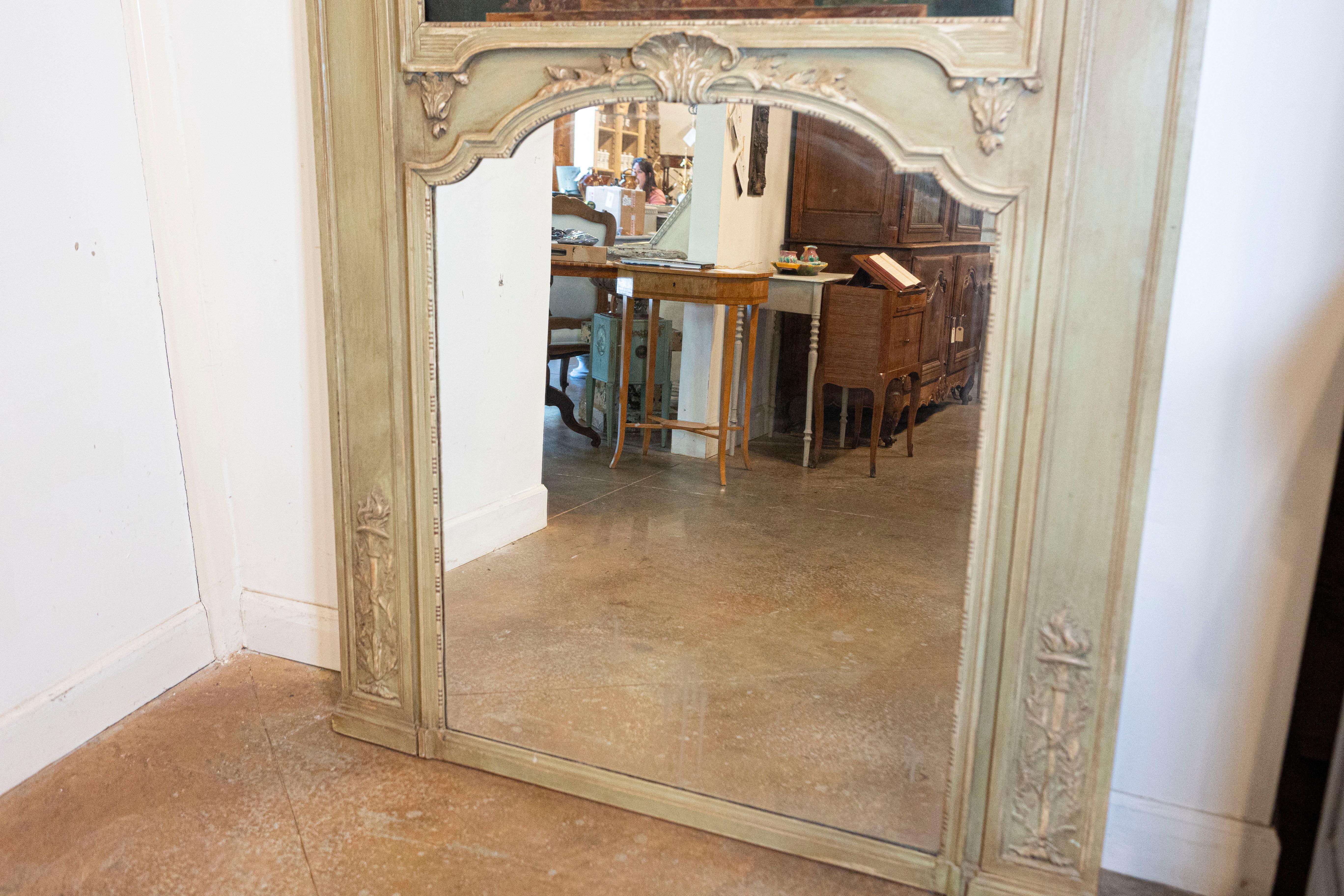 French 1870s Napoléon III Period Painted Trumeau Mirror with Floral Oil Painting For Sale 5