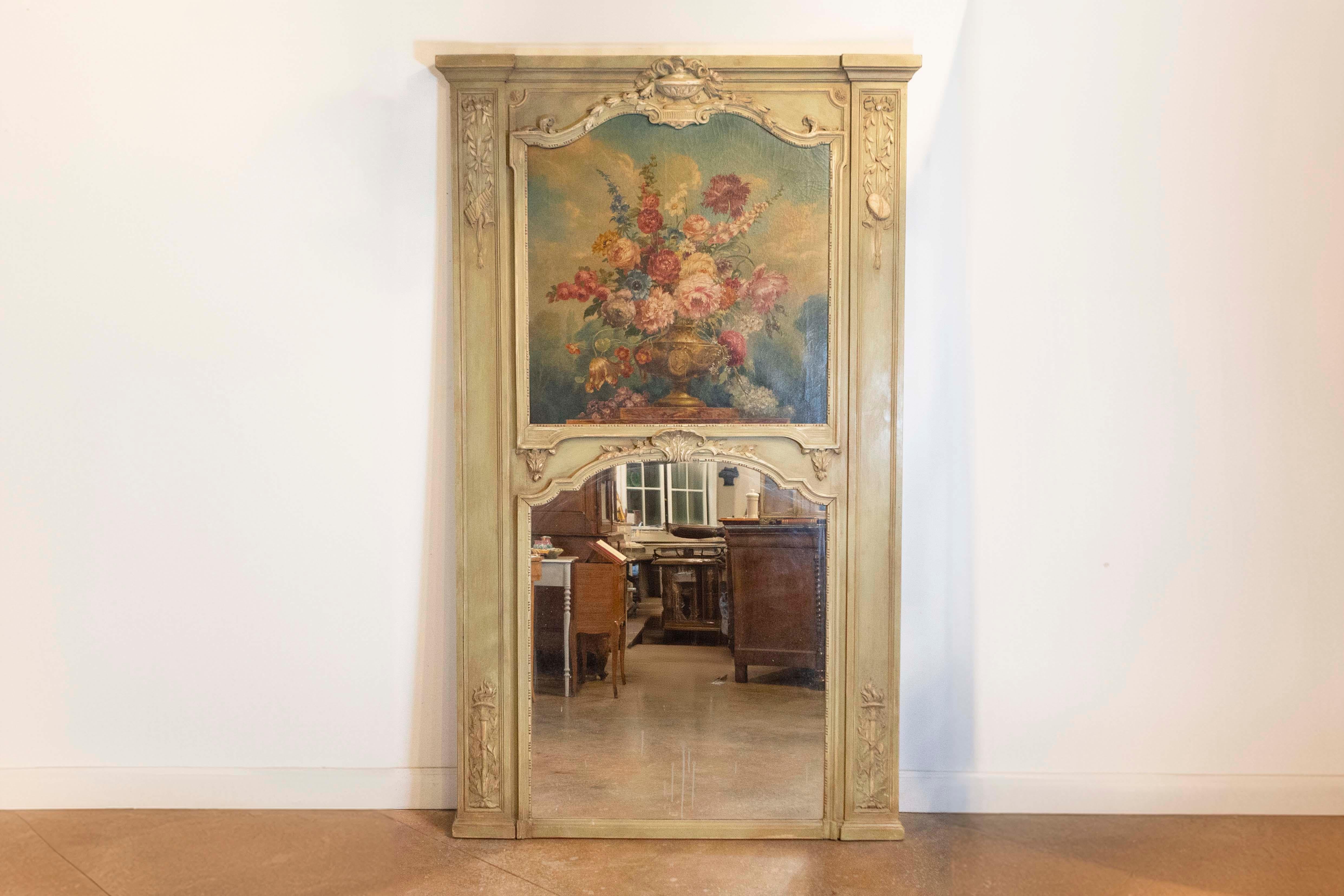 A French Napoléon III painted trumeau mirror from the late 19th century, with oil on canvas floral painting. Created in France at the end of Emperor Napoléon III's reign, this large trumeau mirror charms us with its exquisite decor and painted