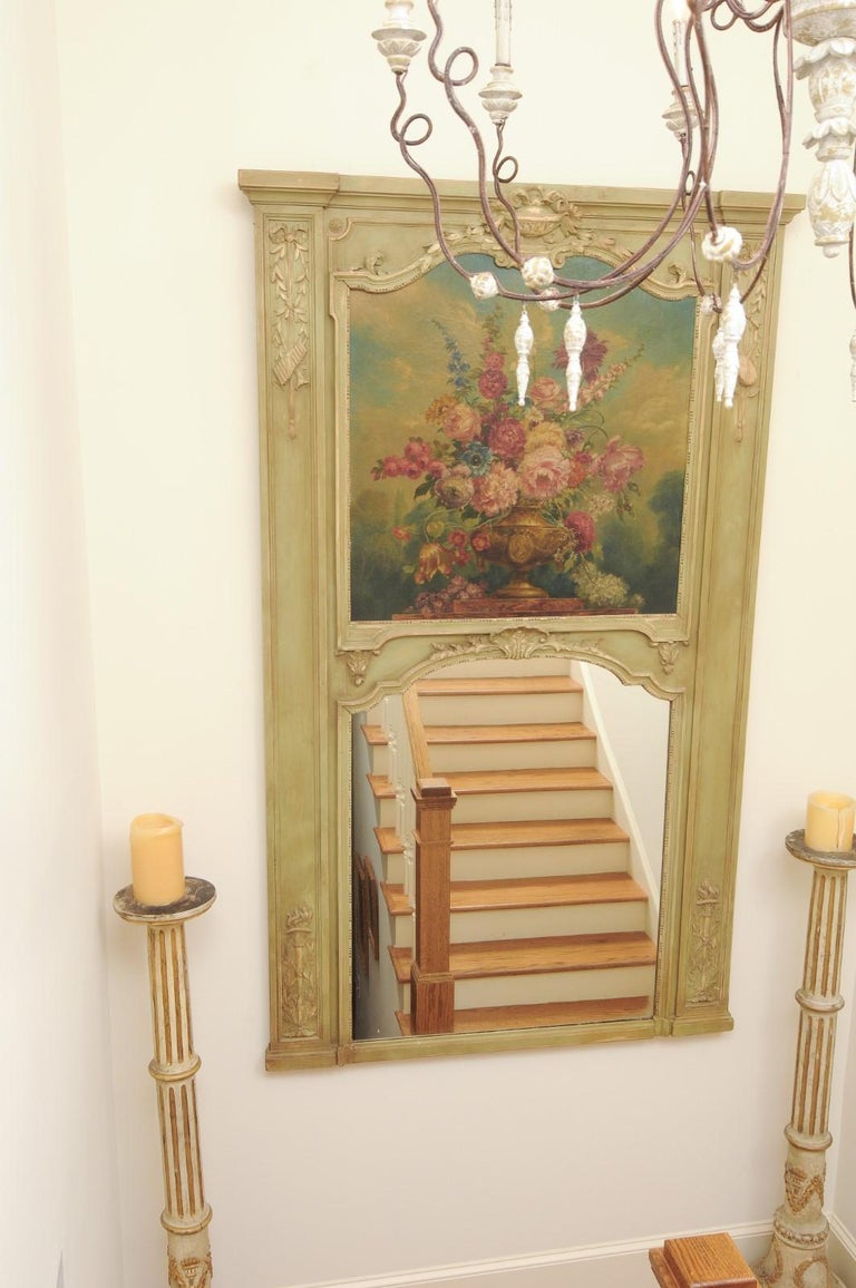 Napoleon III French 1870s Napoléon III Period Painted Trumeau Mirror with Floral Oil Painting For Sale