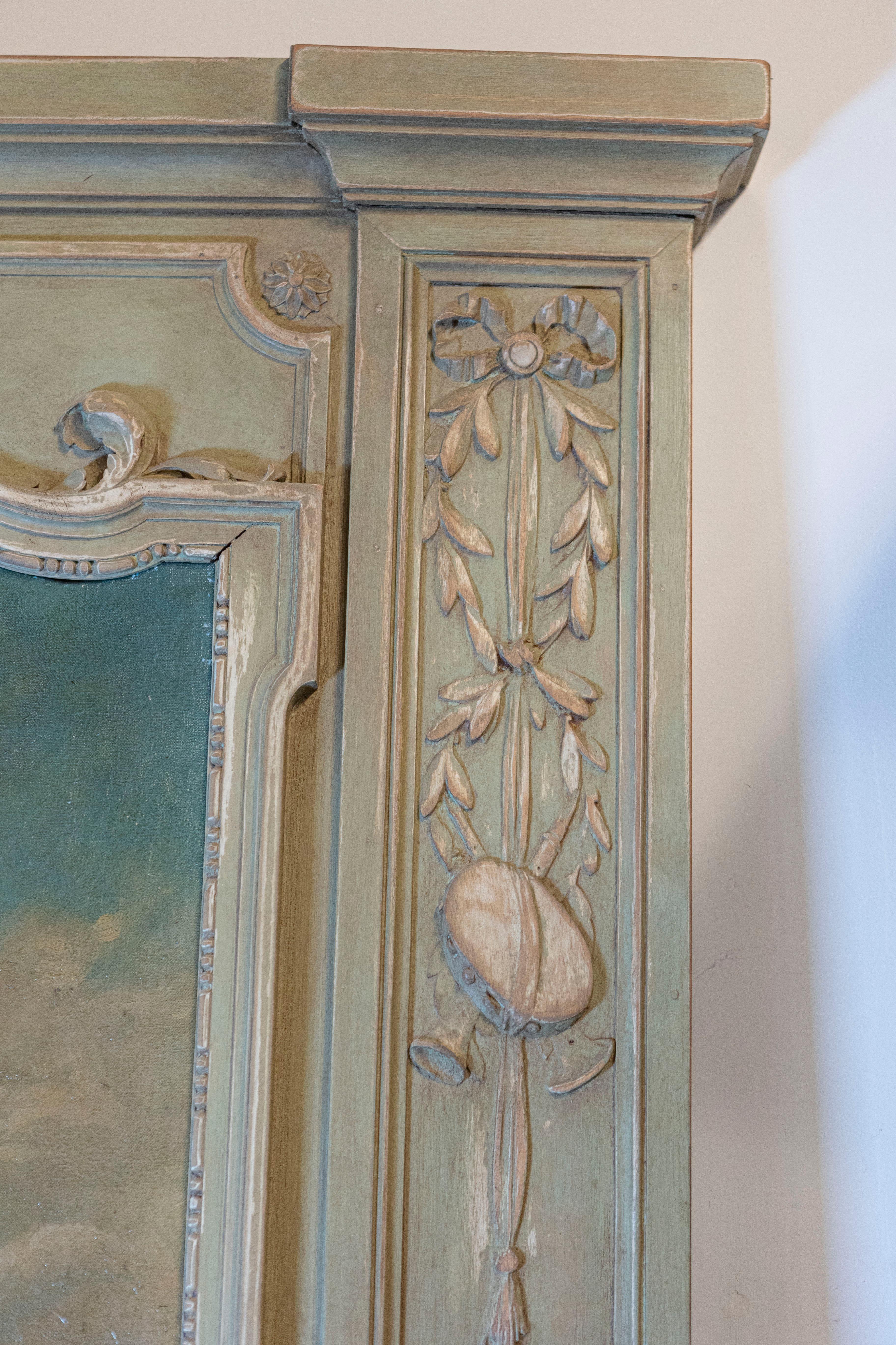 Napoleon III French 1870s Napoléon III Period Painted Trumeau Mirror with Floral Oil Painting For Sale