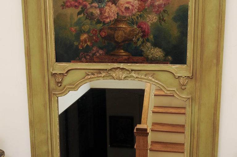 19th Century French 1870s Napoléon III Period Painted Trumeau Mirror with Floral Oil Painting For Sale