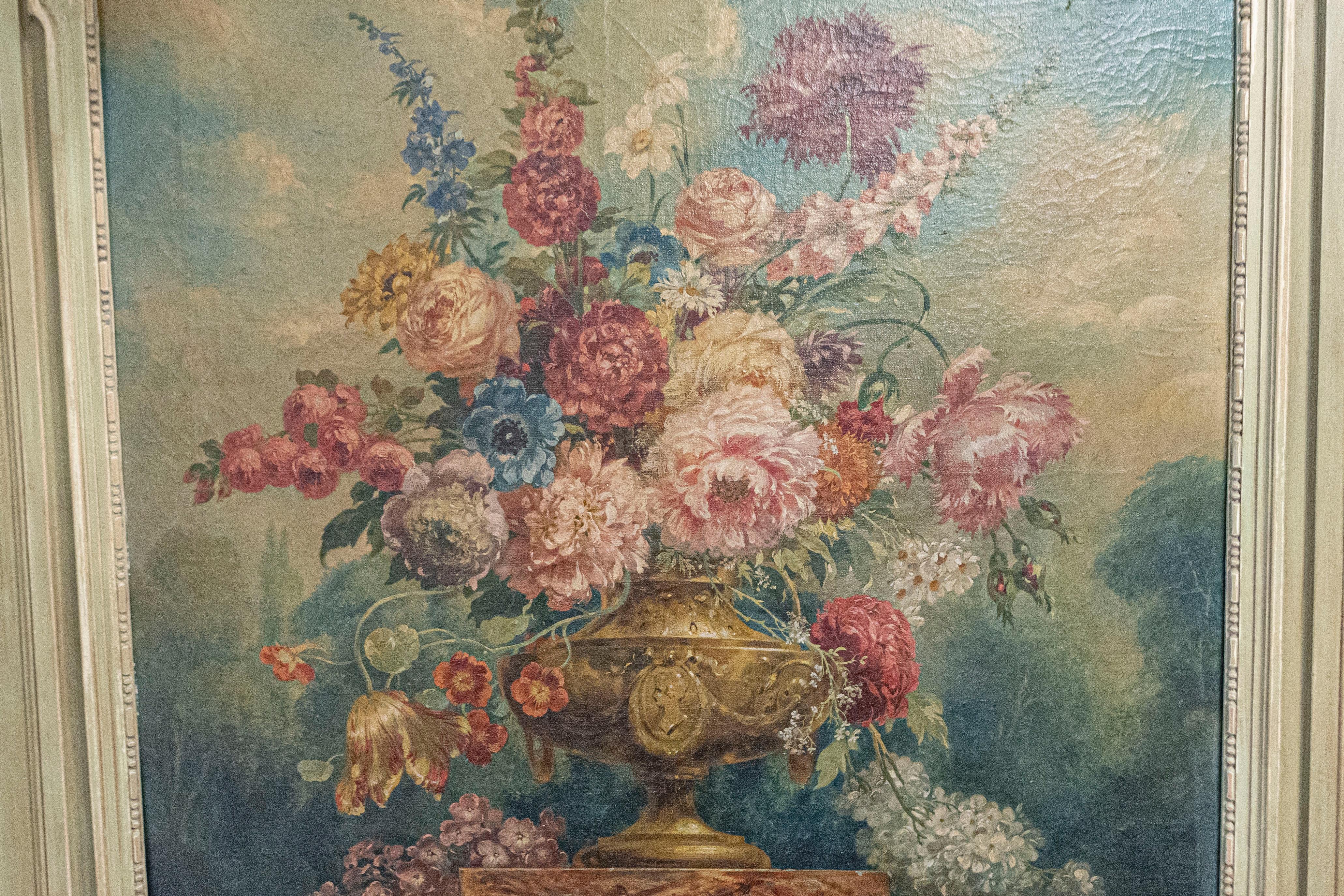 19th Century French 1870s Napoléon III Period Painted Trumeau Mirror with Floral Oil Painting For Sale
