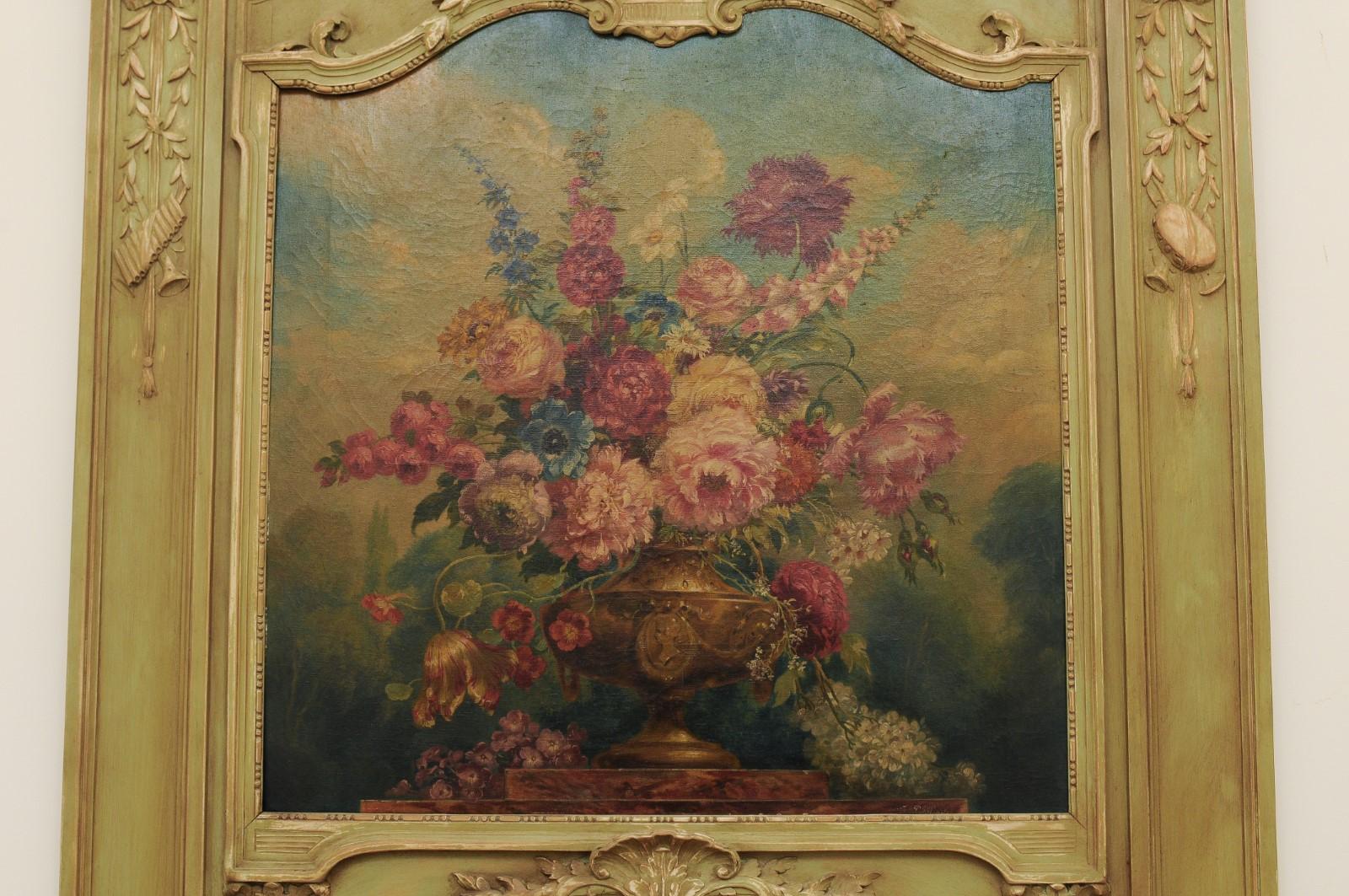 Canvas French 1870s Napoléon III Period Painted Trumeau Mirror with Floral Oil Painting For Sale
