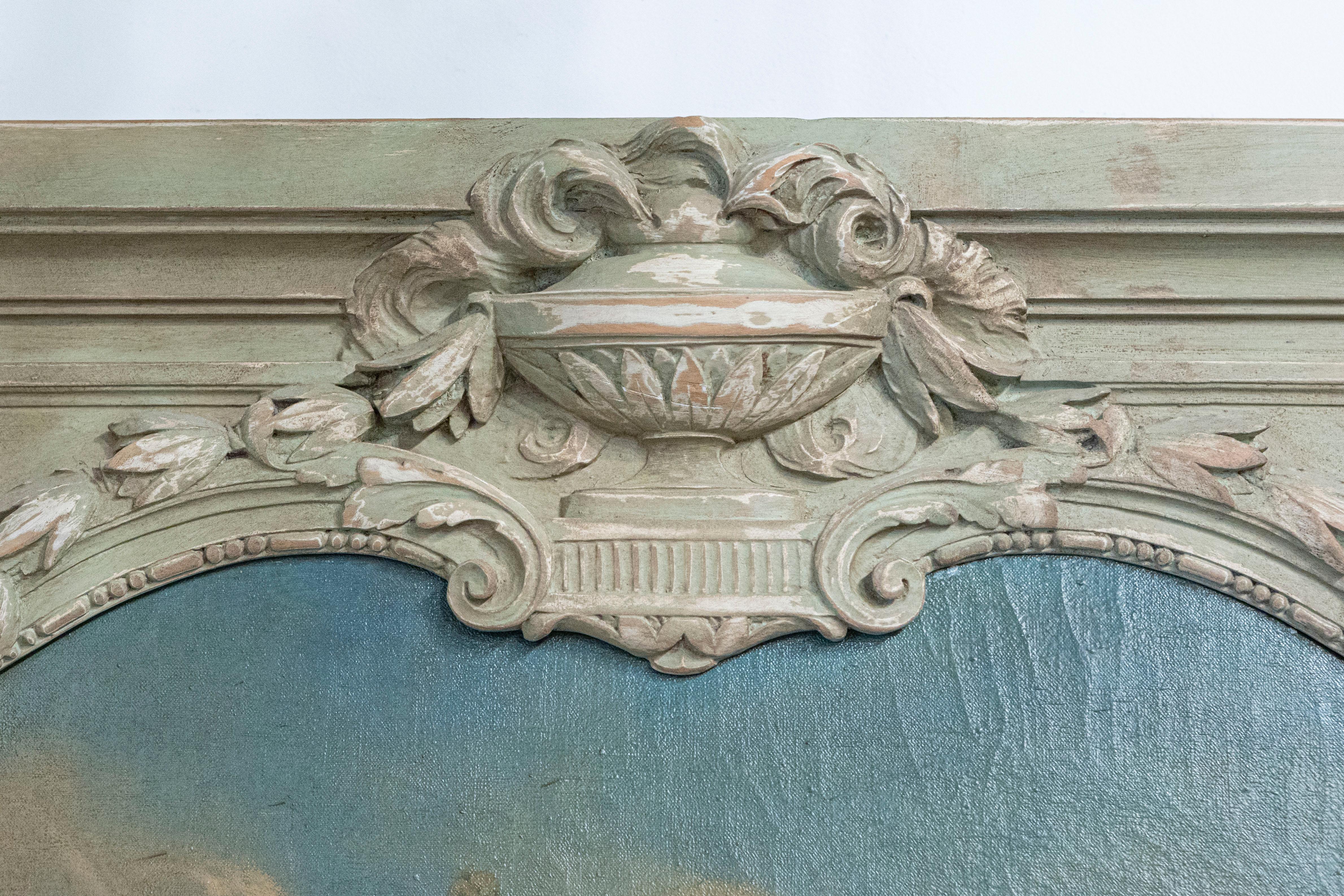 French 1870s Napoléon III Period Painted Trumeau Mirror with Floral Oil Painting For Sale 1