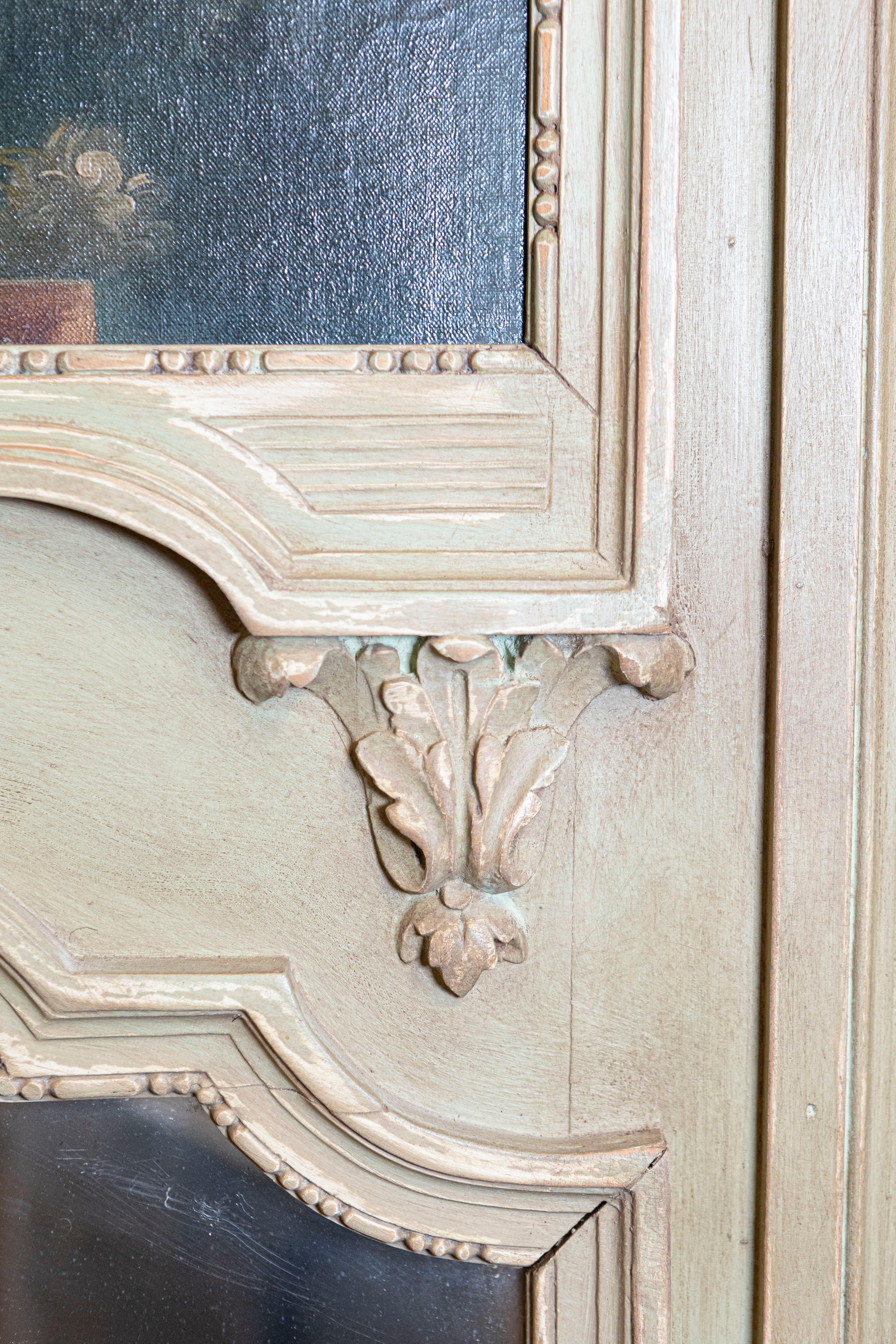French 1870s Napoléon III Period Painted Trumeau Mirror with Floral Oil Painting For Sale 2