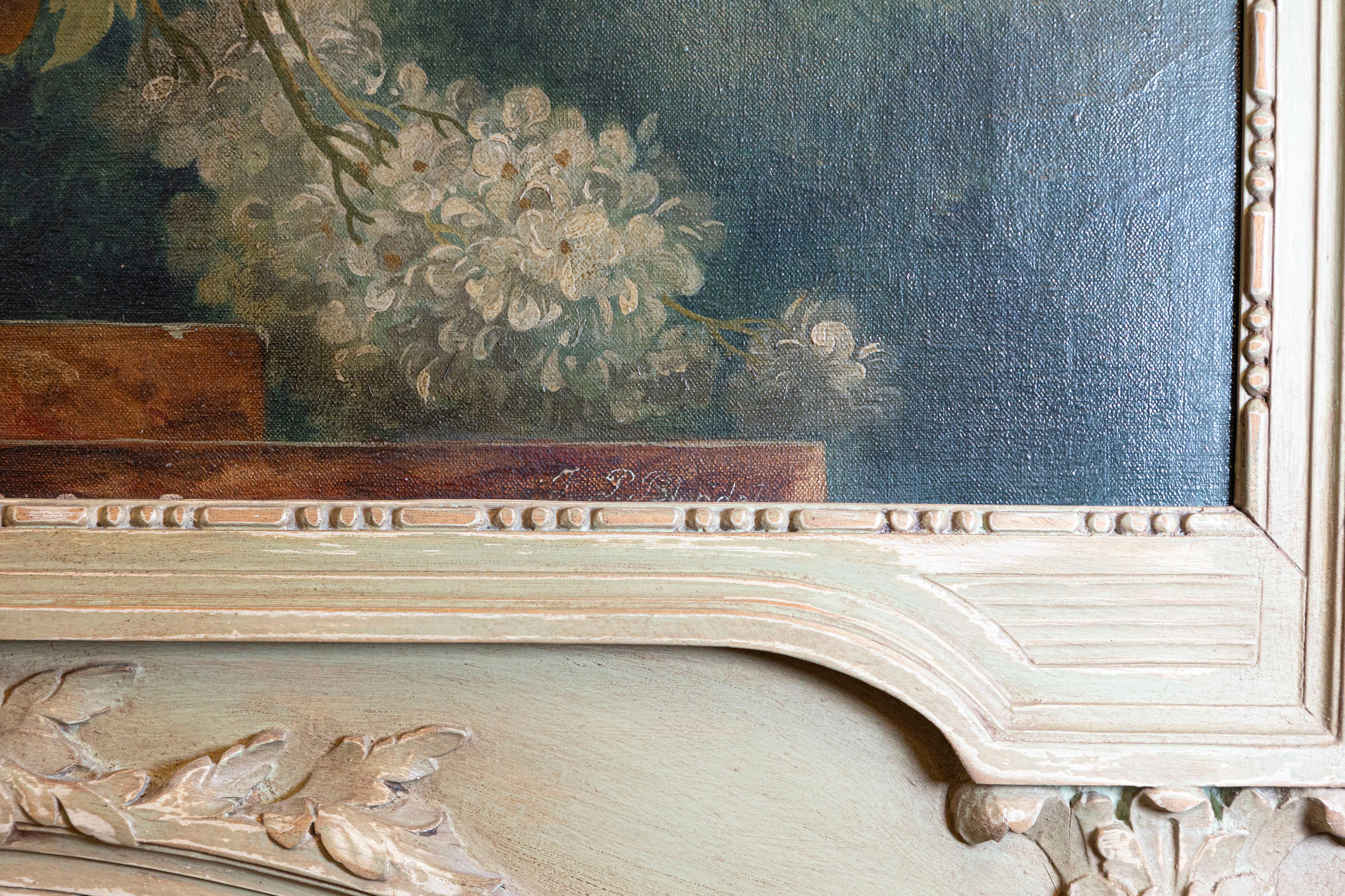 French 1870s Napoléon III Period Painted Trumeau Mirror with Floral Oil Painting For Sale 3