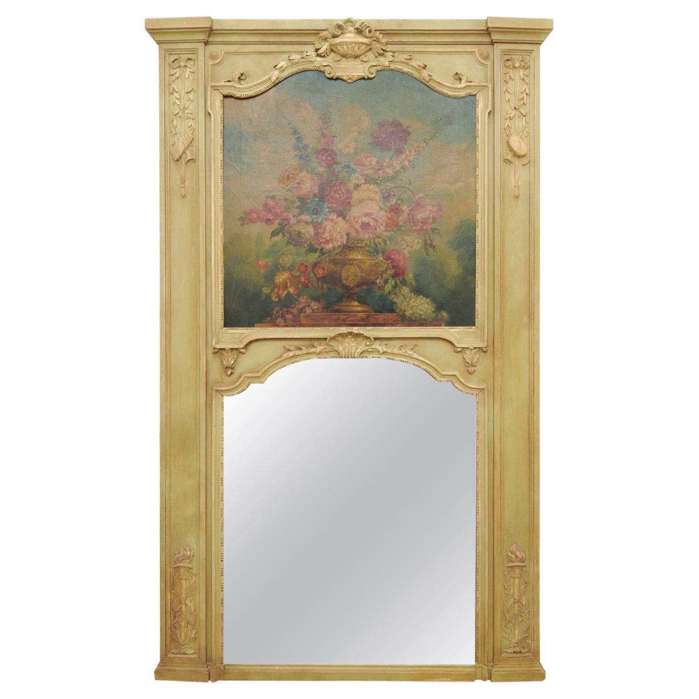 French 1870s Napoléon III Period Painted Trumeau Mirror with Floral Oil Painting