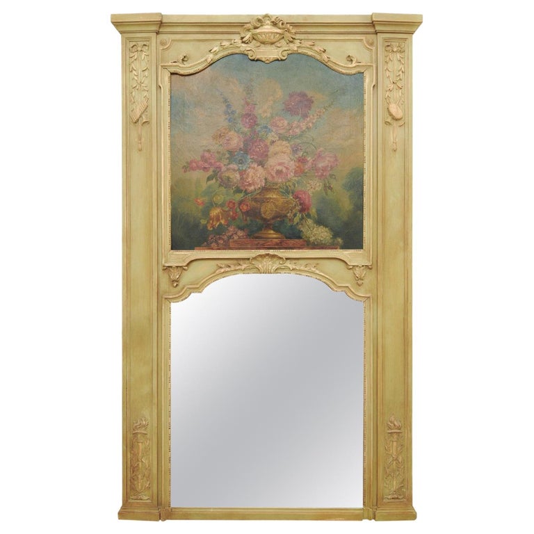 French 1870s Napoléon III Period Painted Trumeau Mirror with Floral Oil Painting For Sale