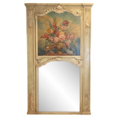 French 1870s Napoléon III Period Painted Trumeau Mirror with Floral Oil Painting