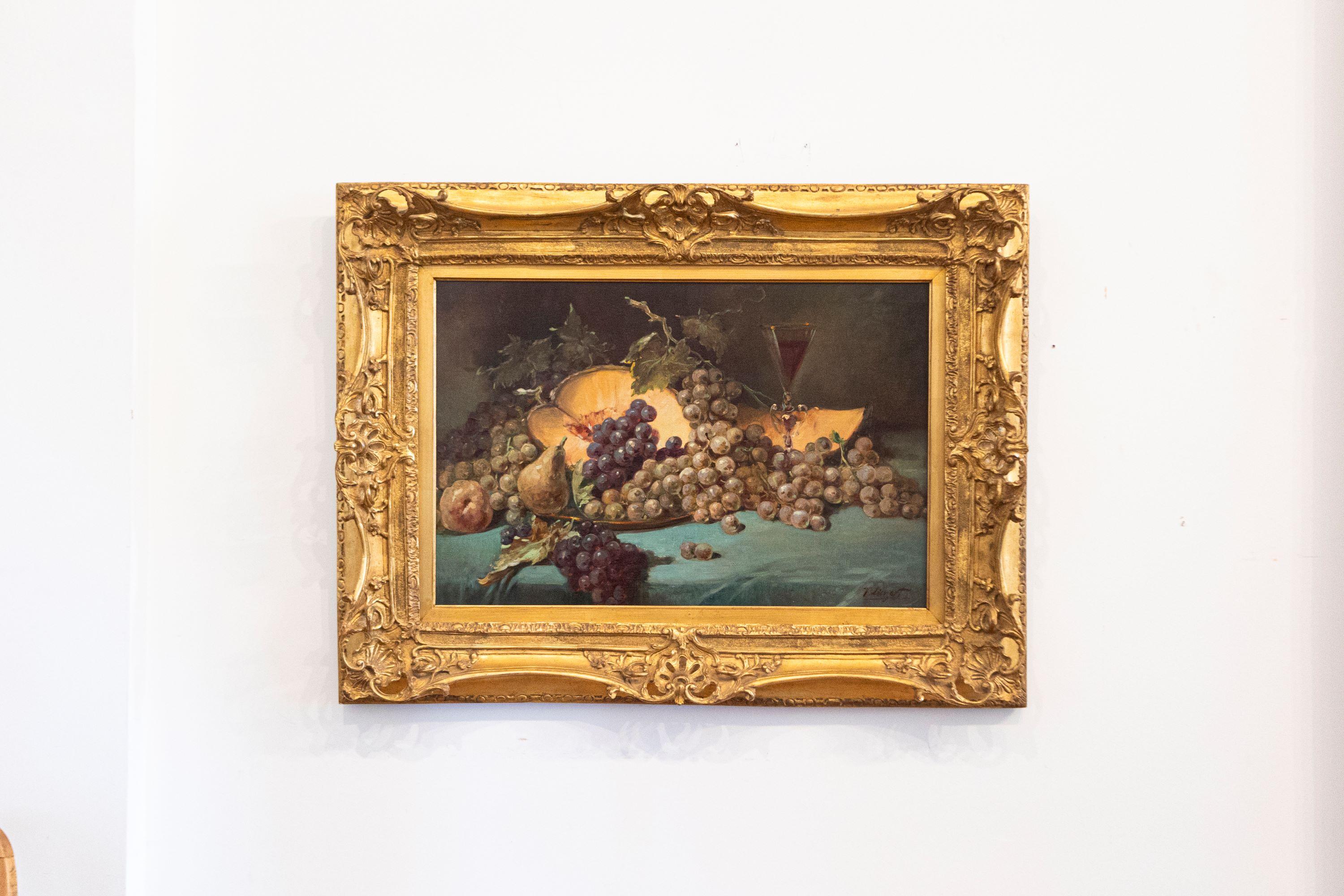 A French Napoleon III period still-life painting from the second half of the 19th century, signed and set in giltwood frame. This French still-life painting was born at the end of the reign of Emperor Napoleon III, at a time when France was losing