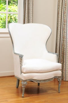 French 1870s Napoleon III Period Wingback Bergère Chair with Carved Decor