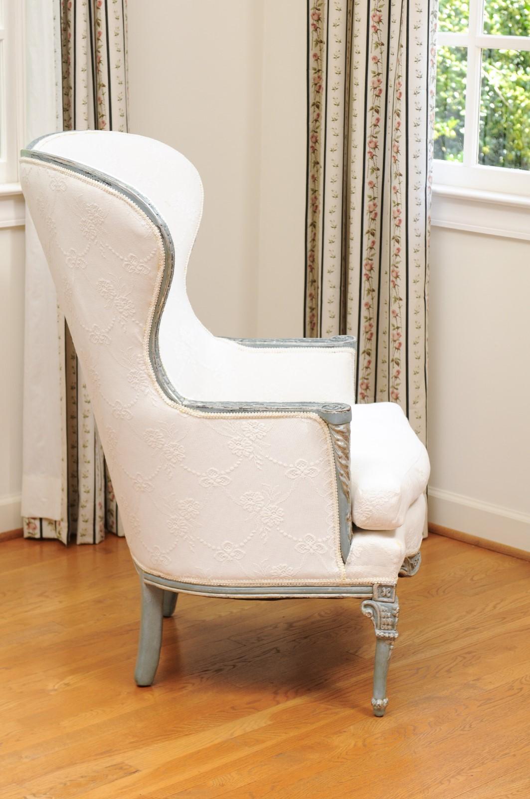 Upholstery French 1870s Napoleon III Period Wingback Bergère Chair with Carved Decor