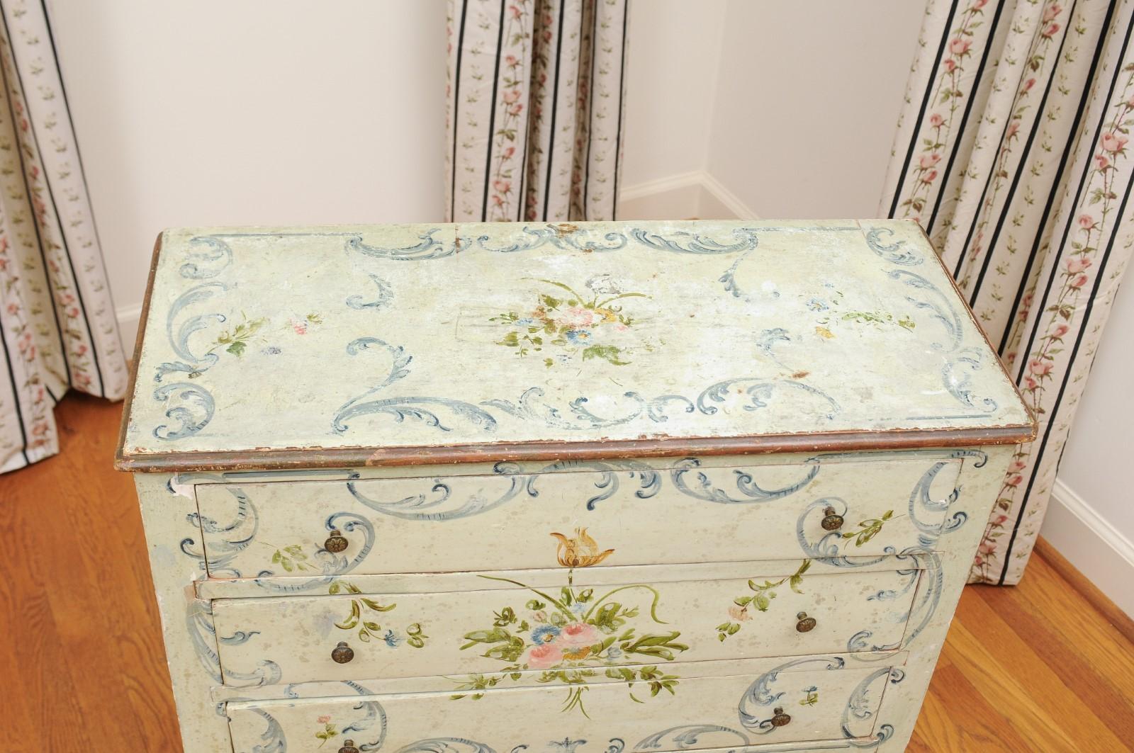 French 1870s Napoléon III Three-Drawer Chest with Painted Floral Decor 13