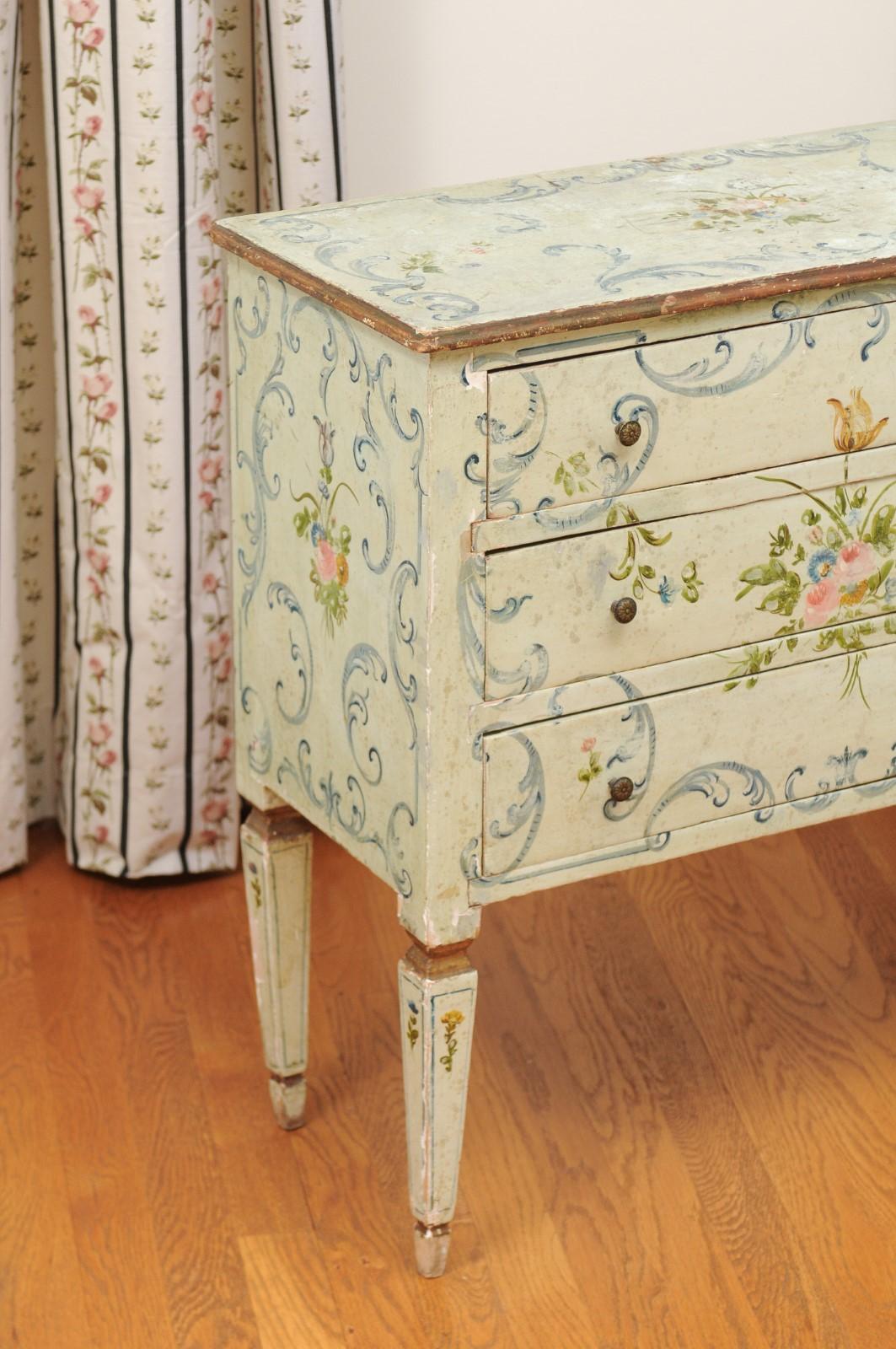 French 1870s Napoléon III Three-Drawer Chest with Painted Floral Decor In Good Condition In Atlanta, GA