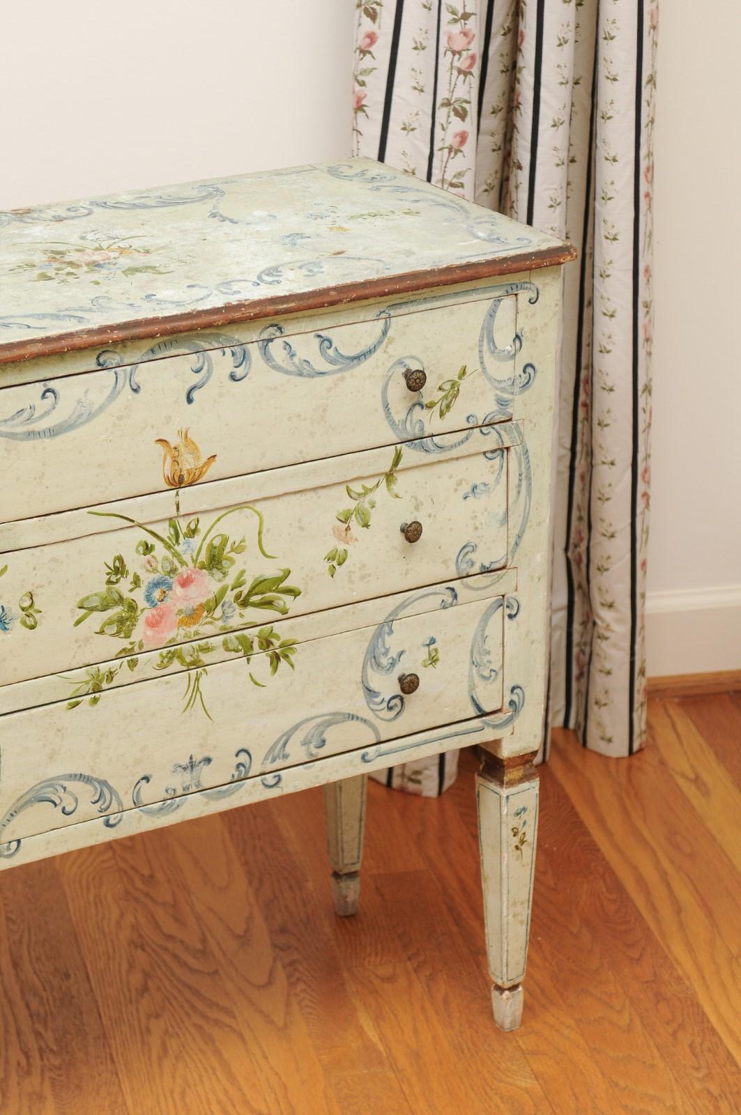 19th Century French 1870s Napoléon III Three-Drawer Chest with Painted Floral Decor