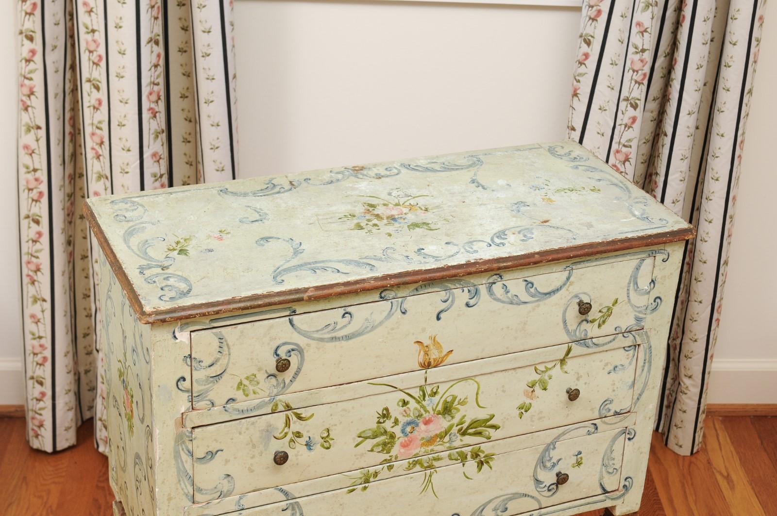 Wood French 1870s Napoléon III Three-Drawer Chest with Painted Floral Decor