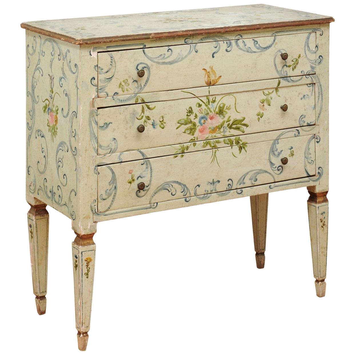 French 1870s Napoléon III Three-Drawer Chest with Painted Floral Decor