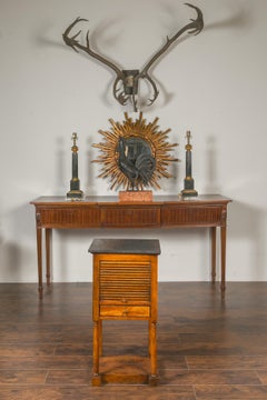 French 1870s Napoleon III Walnut Bedside Table with Stone Top and Tambour Door