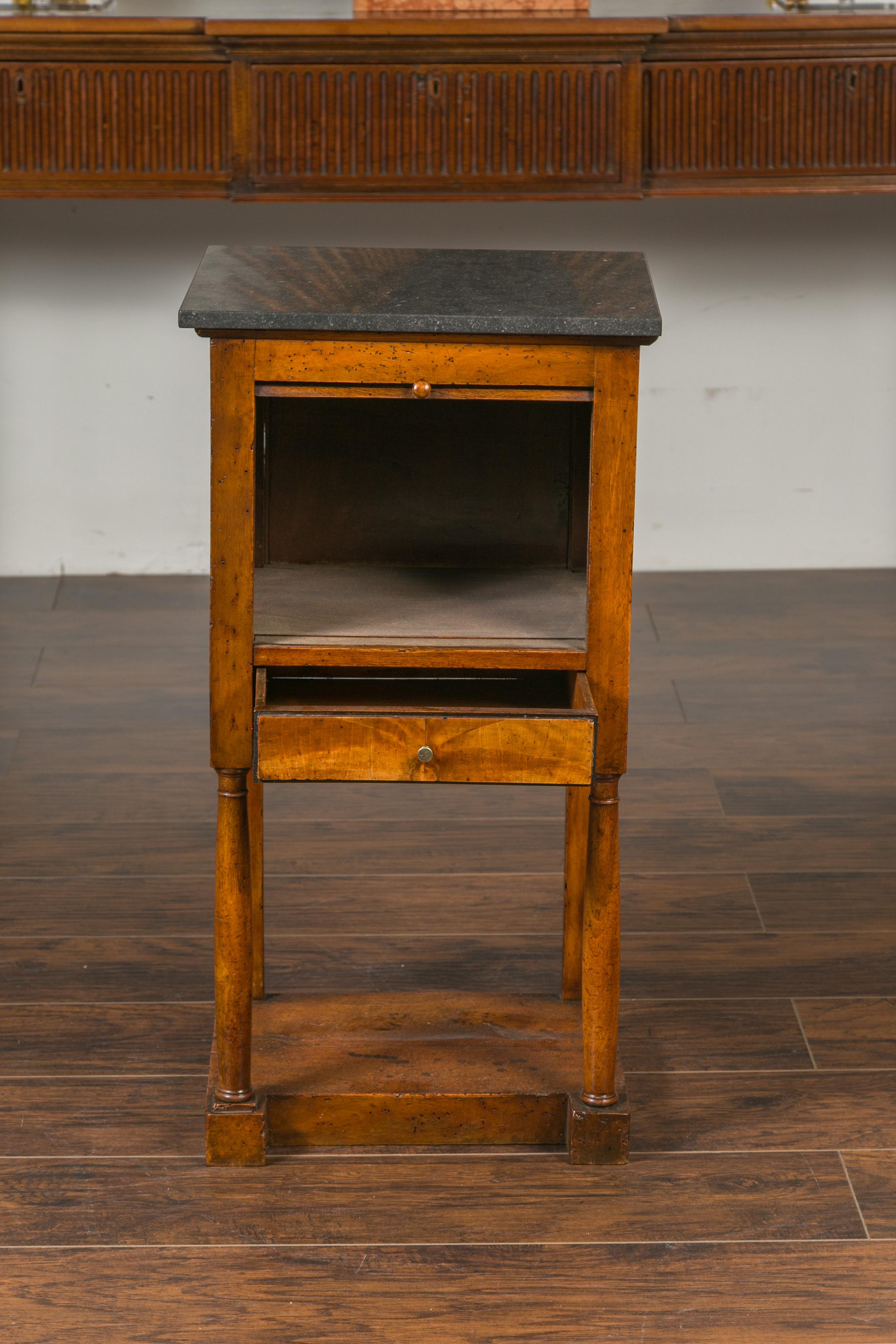 19th Century French 1870s Napoleon III Walnut Bedside Table with Stone Top and Tambour Door For Sale