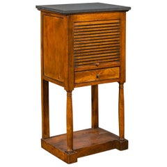French 1870s Napoleon III Walnut Bedside Table with Stone Top and Tambour Door