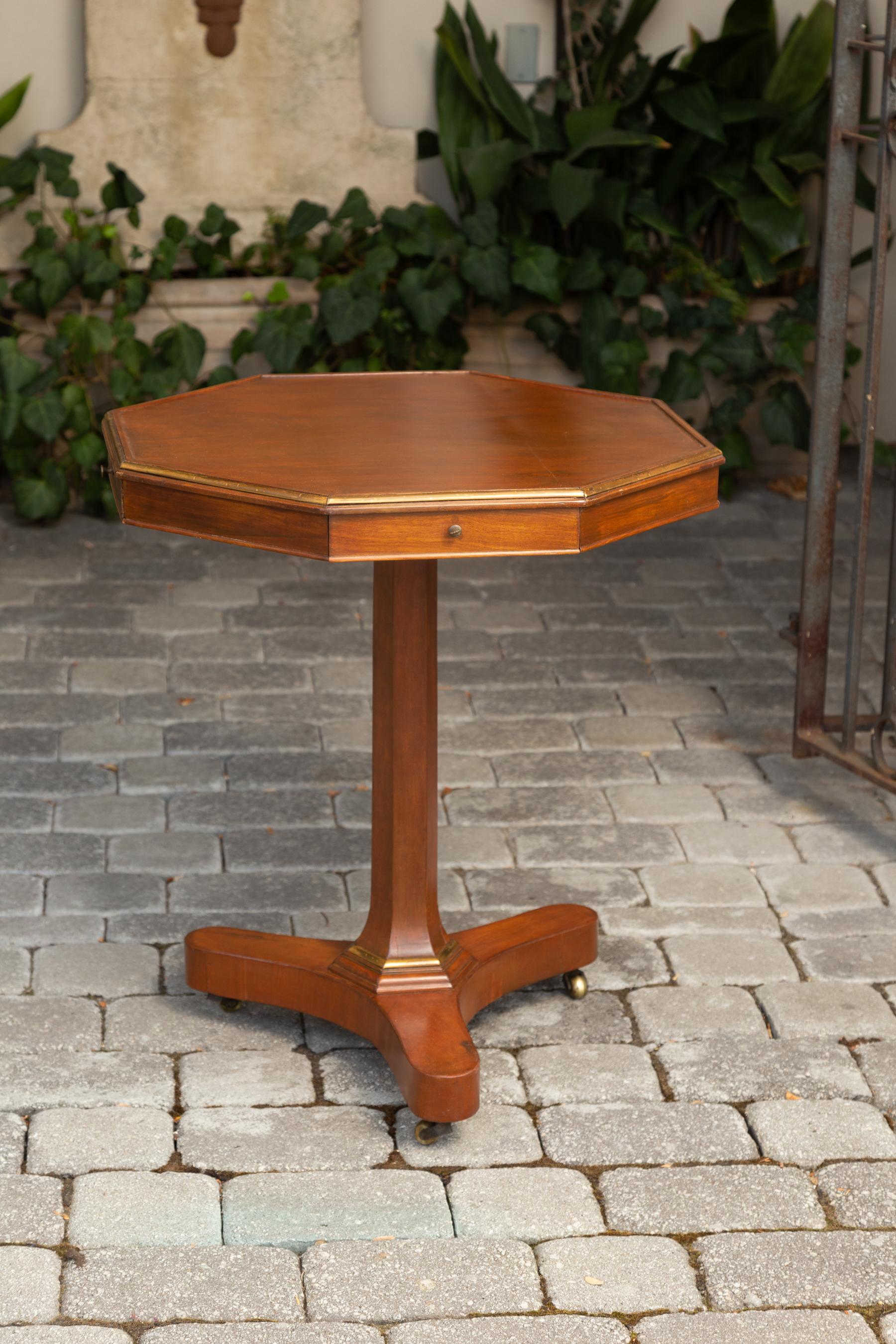 French 1870s Octagonal Walnut Pedestal Table with Four Drawers and Copper Trim 5