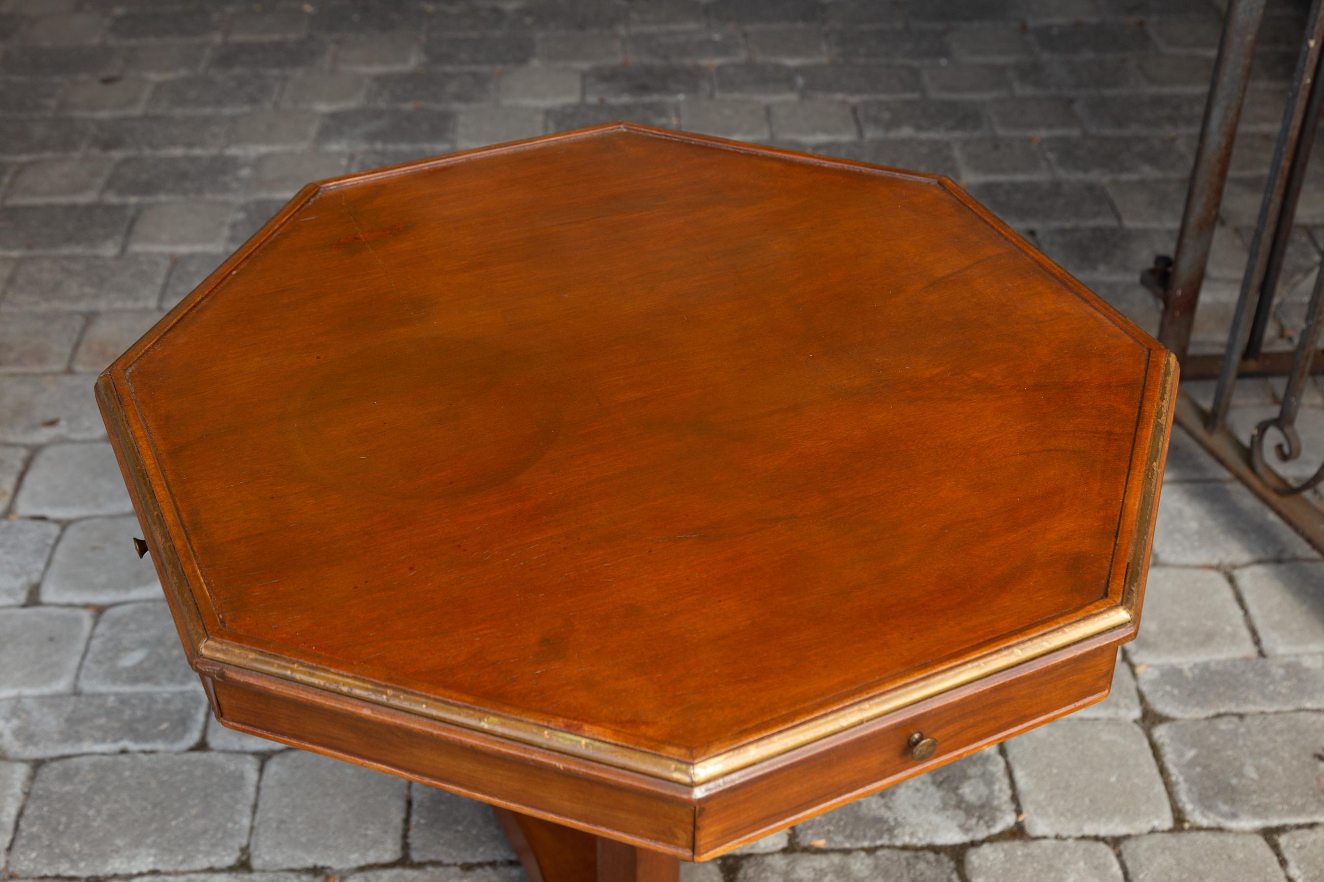French 1870s Octagonal Walnut Pedestal Table with Four Drawers and Copper Trim In Good Condition In Atlanta, GA