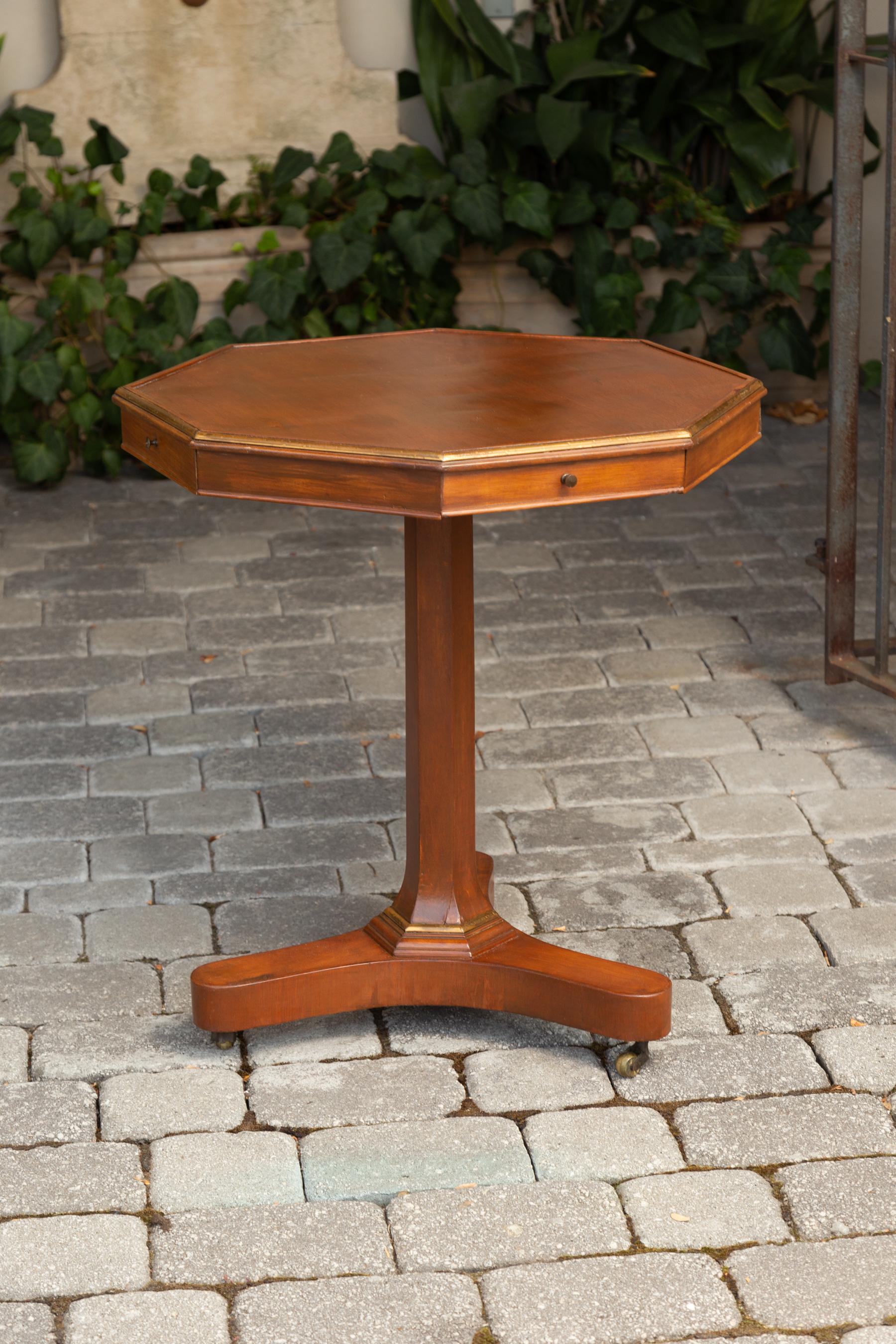 French 1870s Octagonal Walnut Pedestal Table with Four Drawers and Copper Trim 4