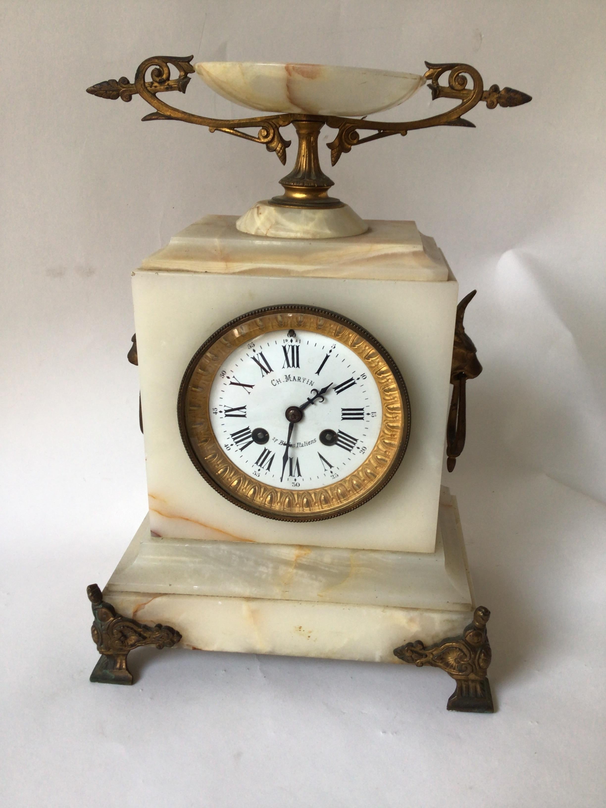 1870s French onyx mantle clock by CH Martin. Enamel face. I didn’t try to see if clock works, I assume it doesn’t.