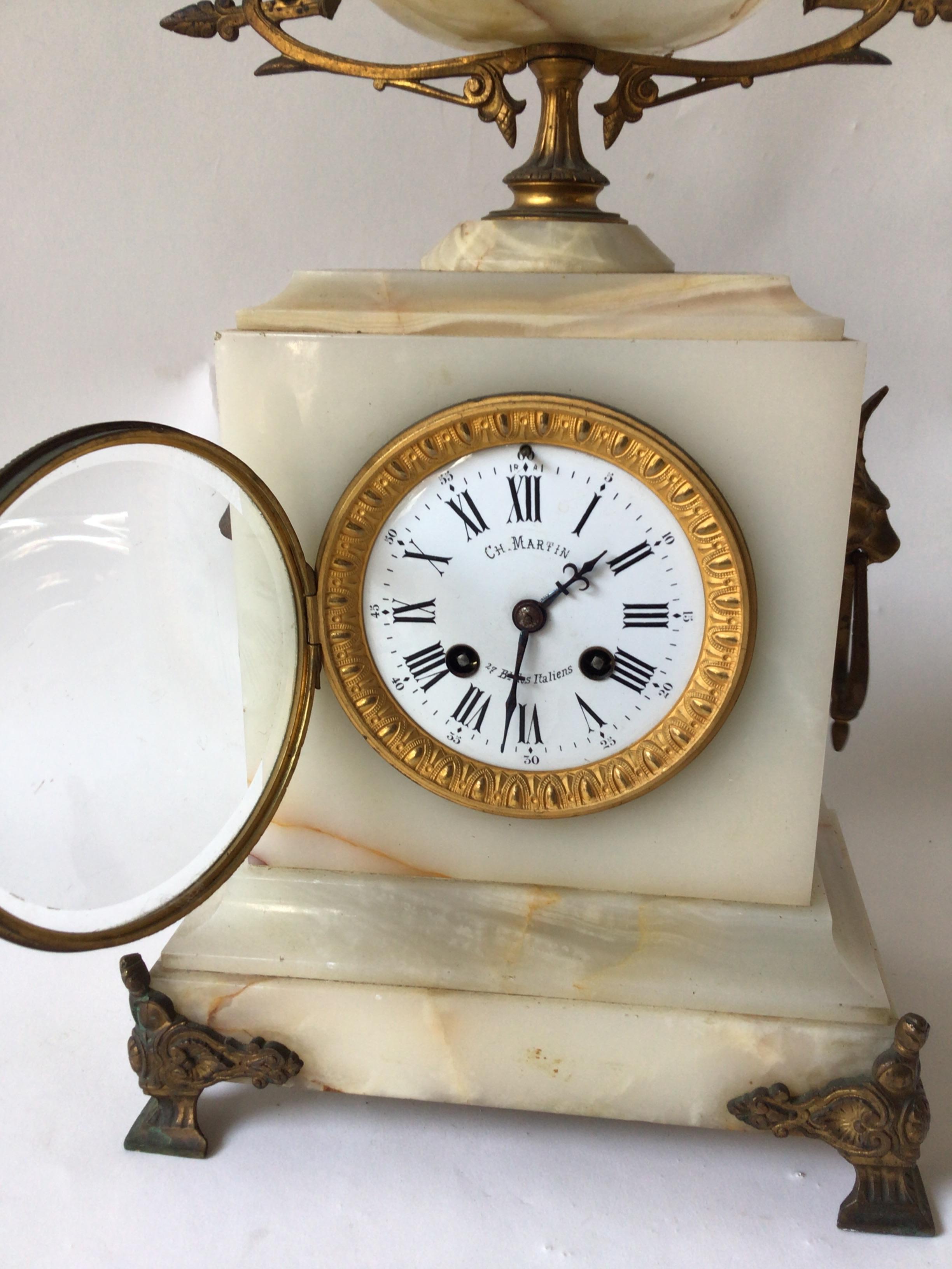 French 1870s Onyx Mantle Clock By CH Martin For Sale 4