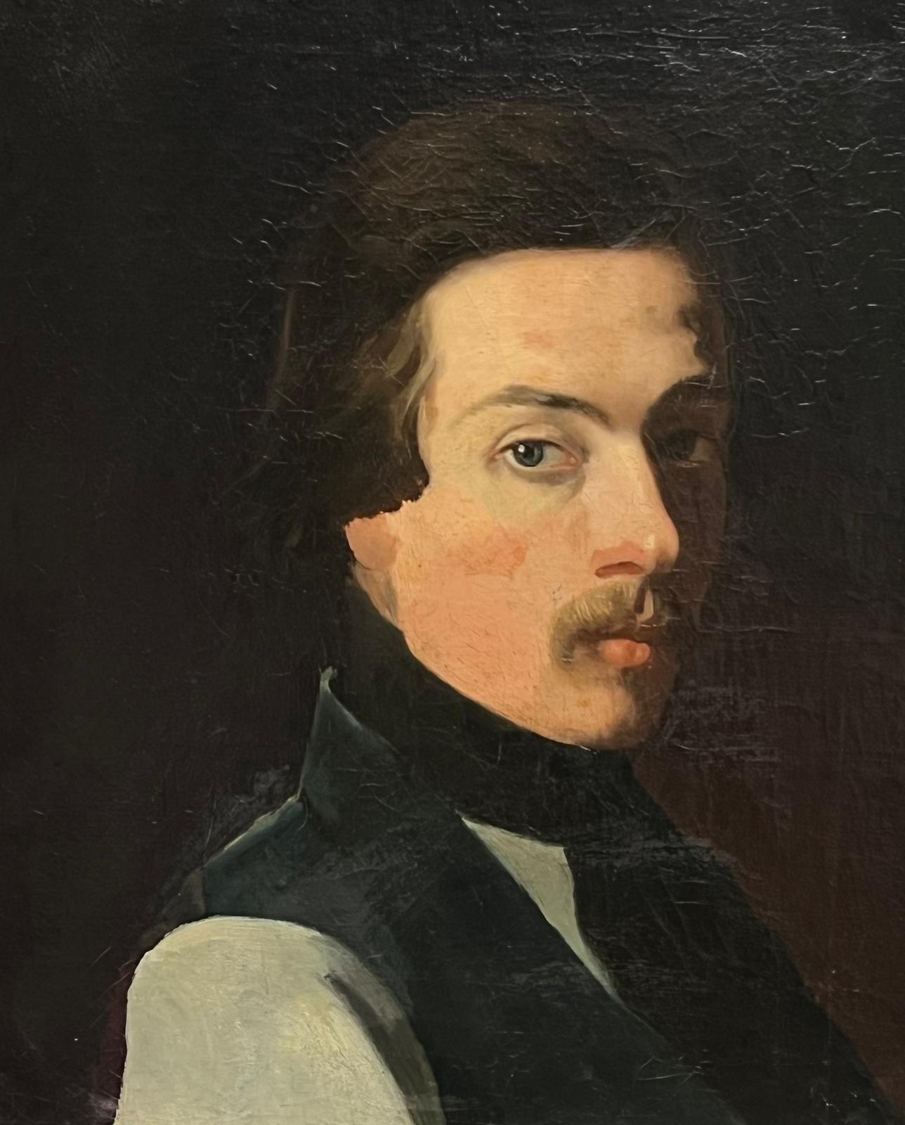 French 1870's Portrait Painting - Fine 1870's French Portrait of Man with Moustache Possibly Self Portrait Artist