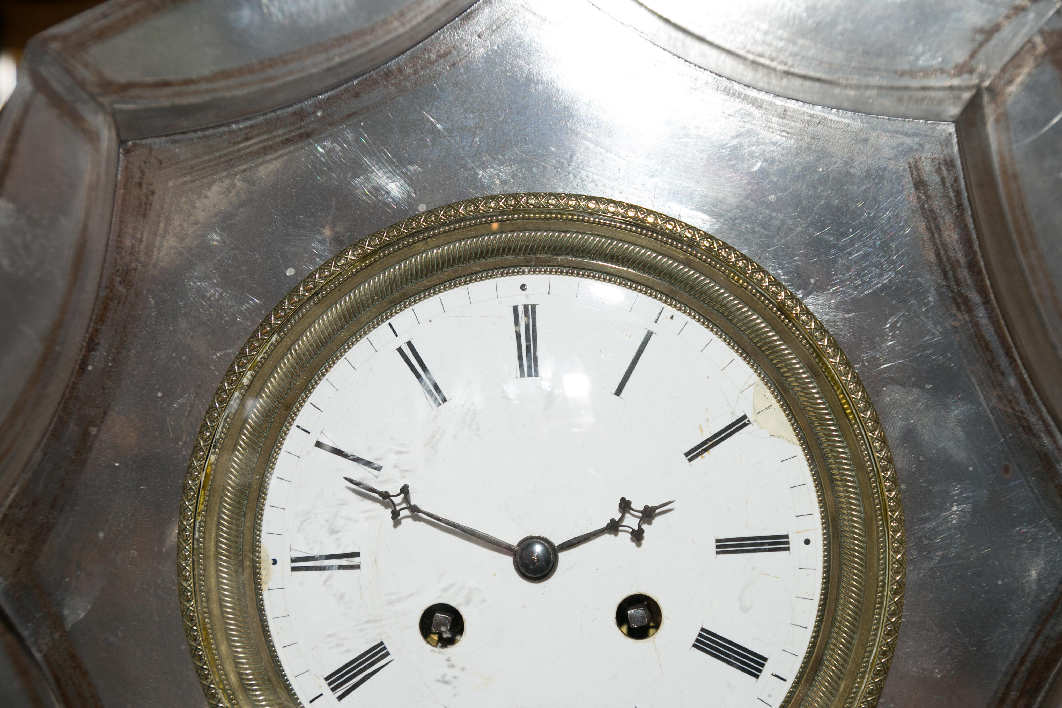 French 1870s Polished Steel and Brass Octagonal Pocket Watch Shaped Clock 8
