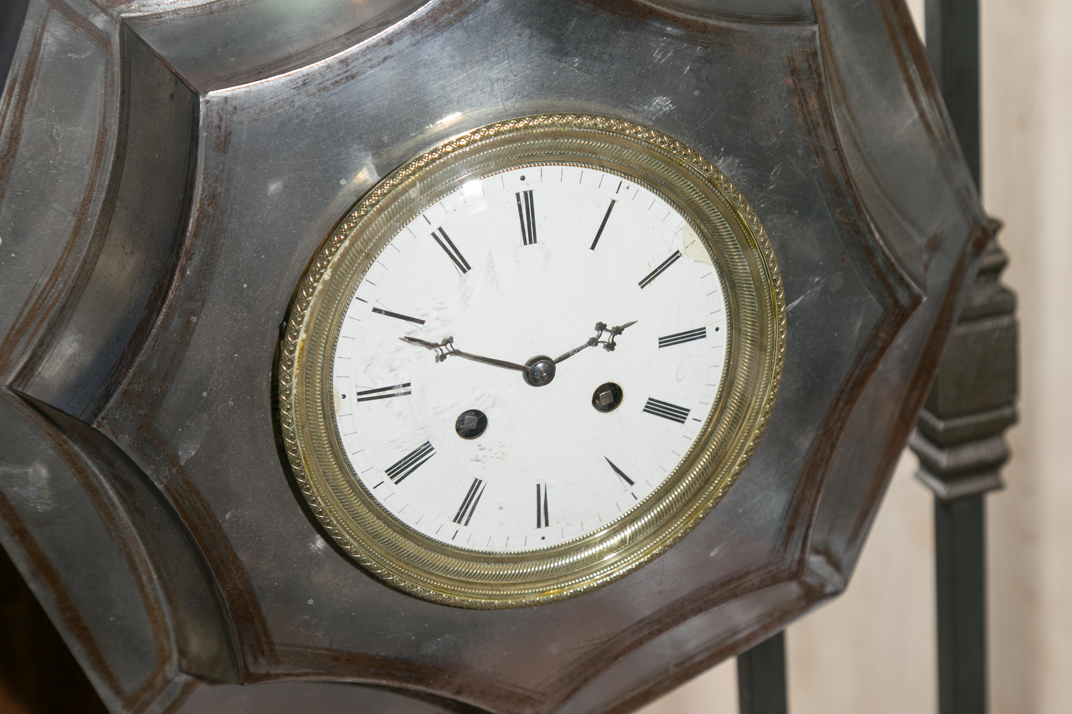 French 1870s Polished Steel and Brass Octagonal Pocket Watch Shaped Clock 9