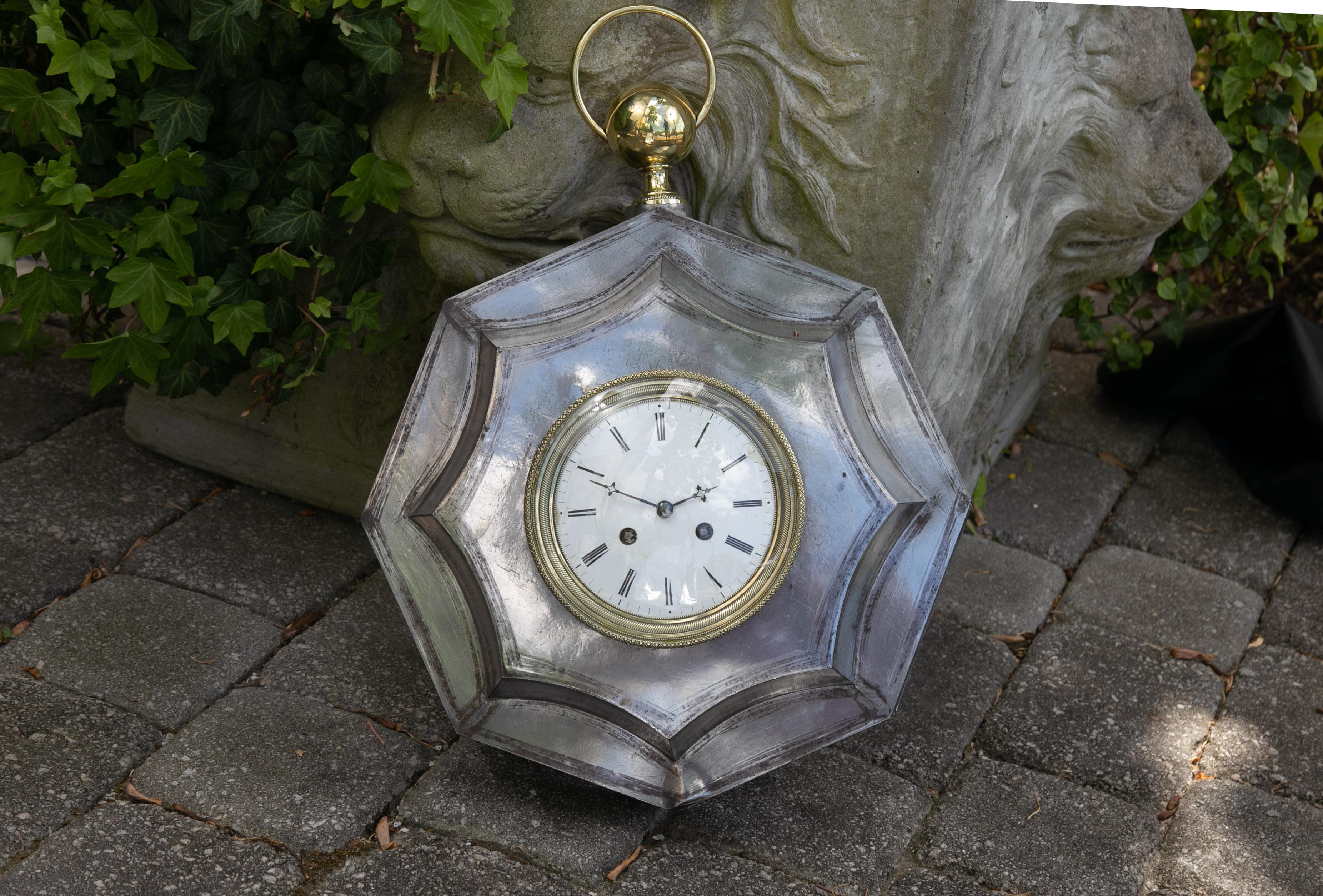 French 1870s Polished Steel and Brass Octagonal Pocket Watch Shaped Clock In Good Condition In Atlanta, GA