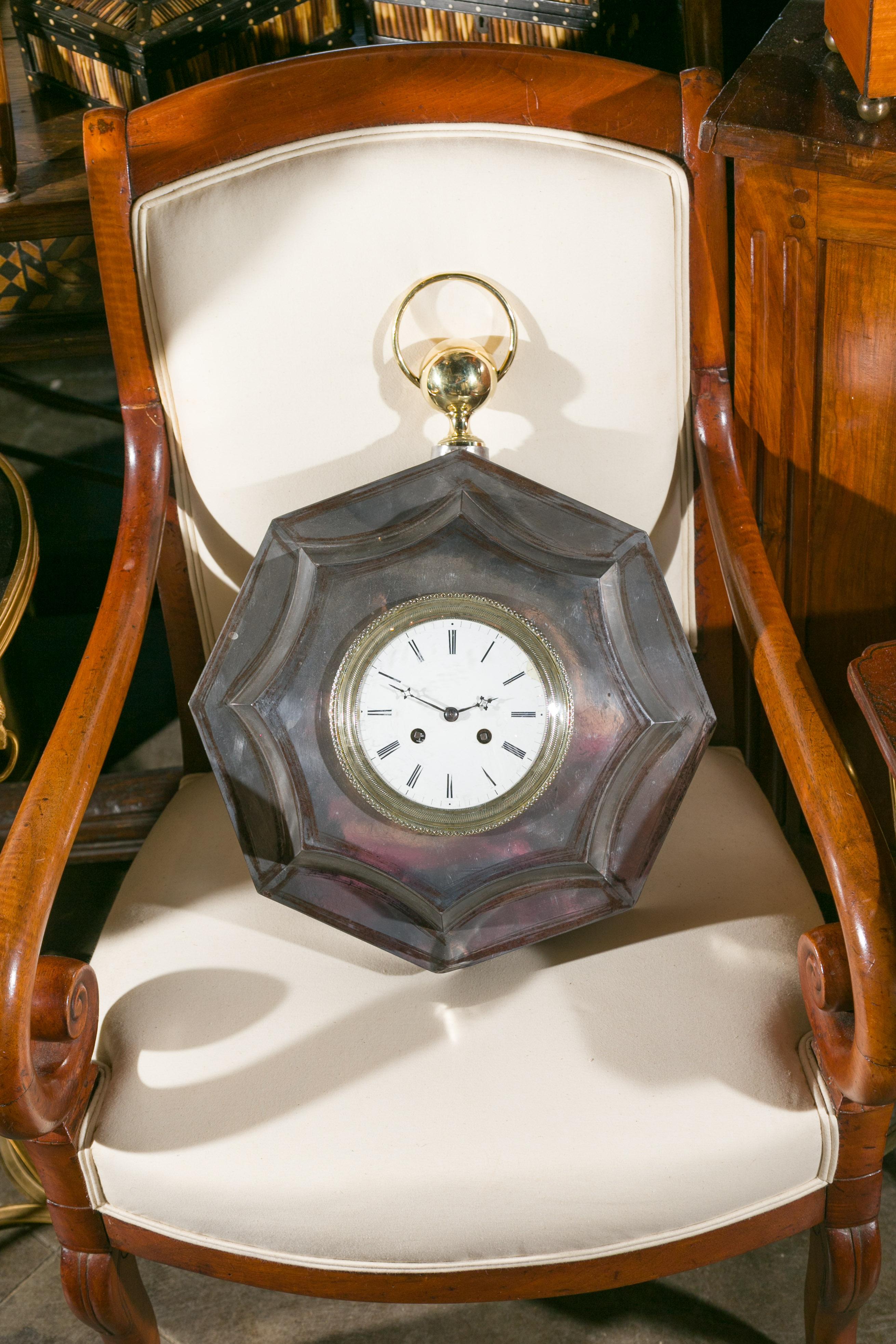 19th Century French 1870s Polished Steel and Brass Octagonal Pocket Watch Shaped Clock