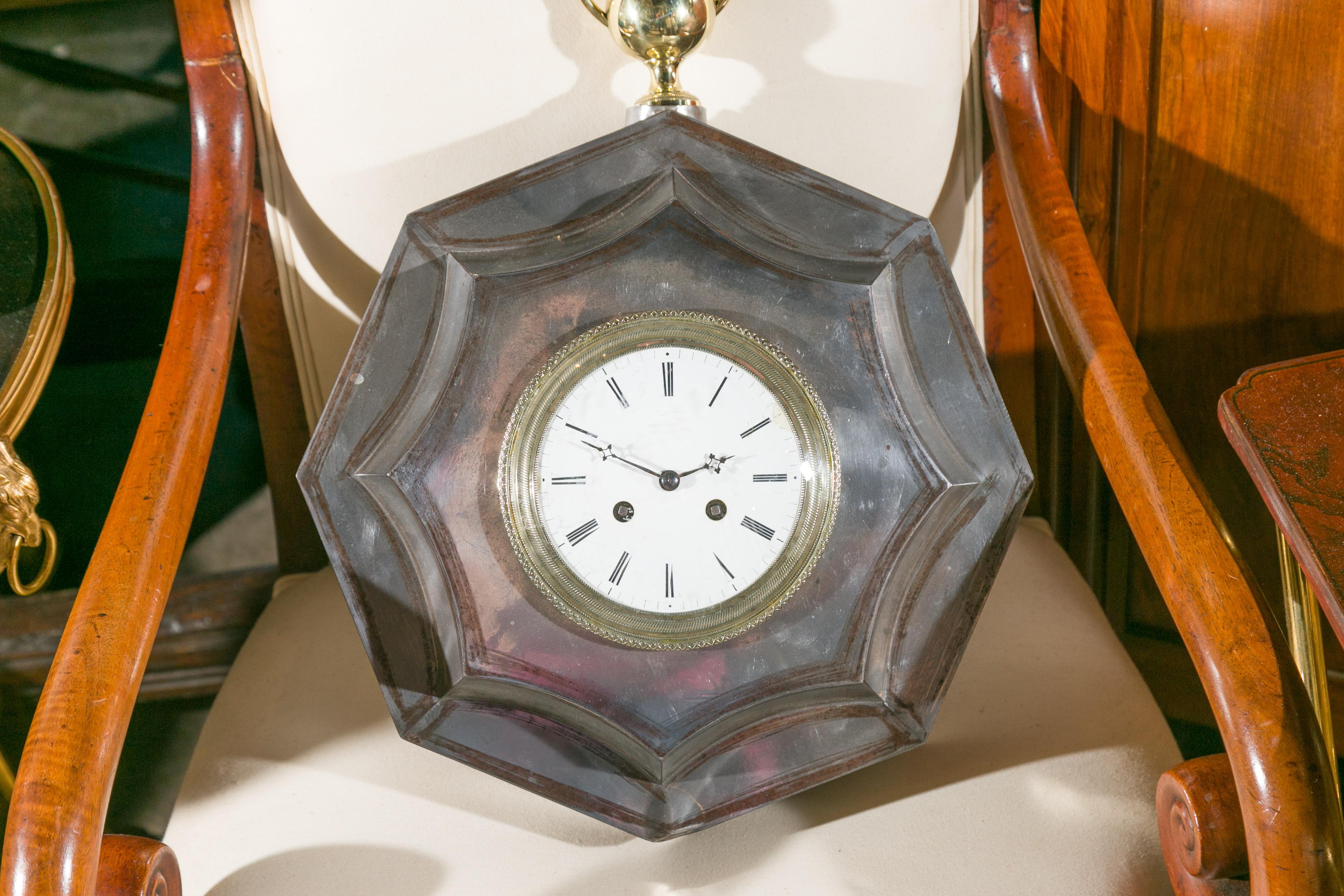 French 1870s Polished Steel and Brass Octagonal Pocket Watch Shaped Clock 1