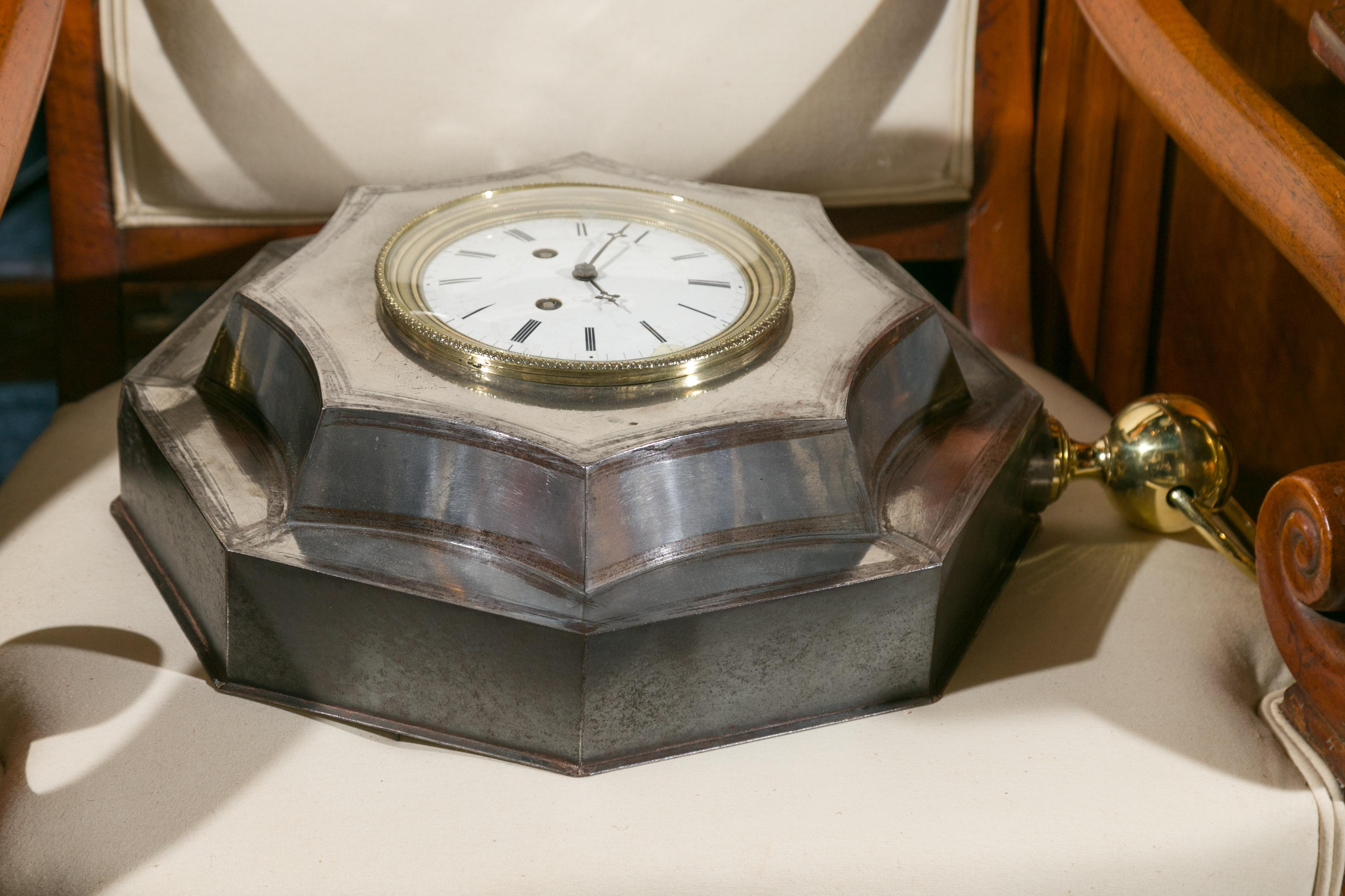 French 1870s Polished Steel and Brass Octagonal Pocket Watch Shaped Clock 5