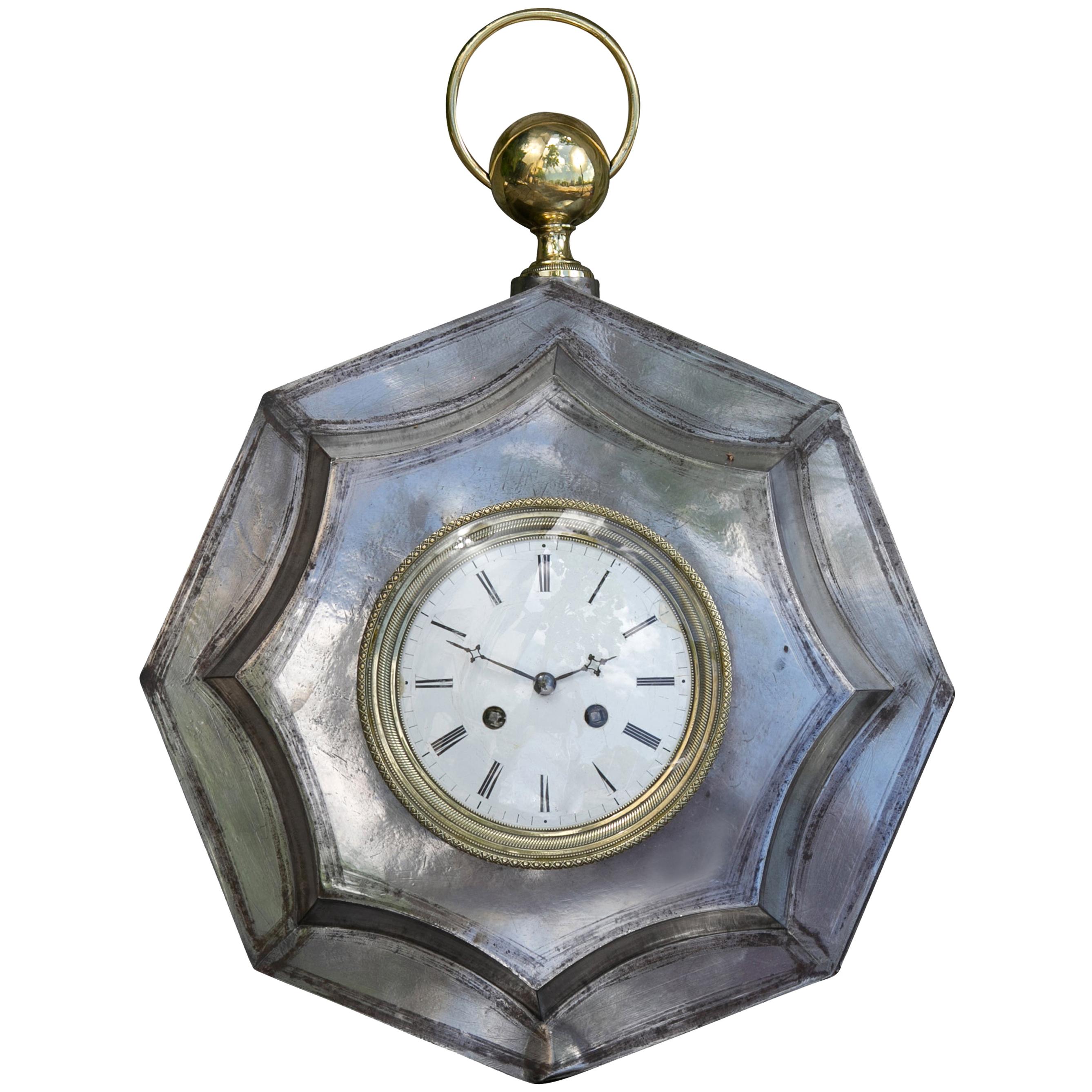 French 1870s Polished Steel and Brass Octagonal Pocket Watch Shaped Clock