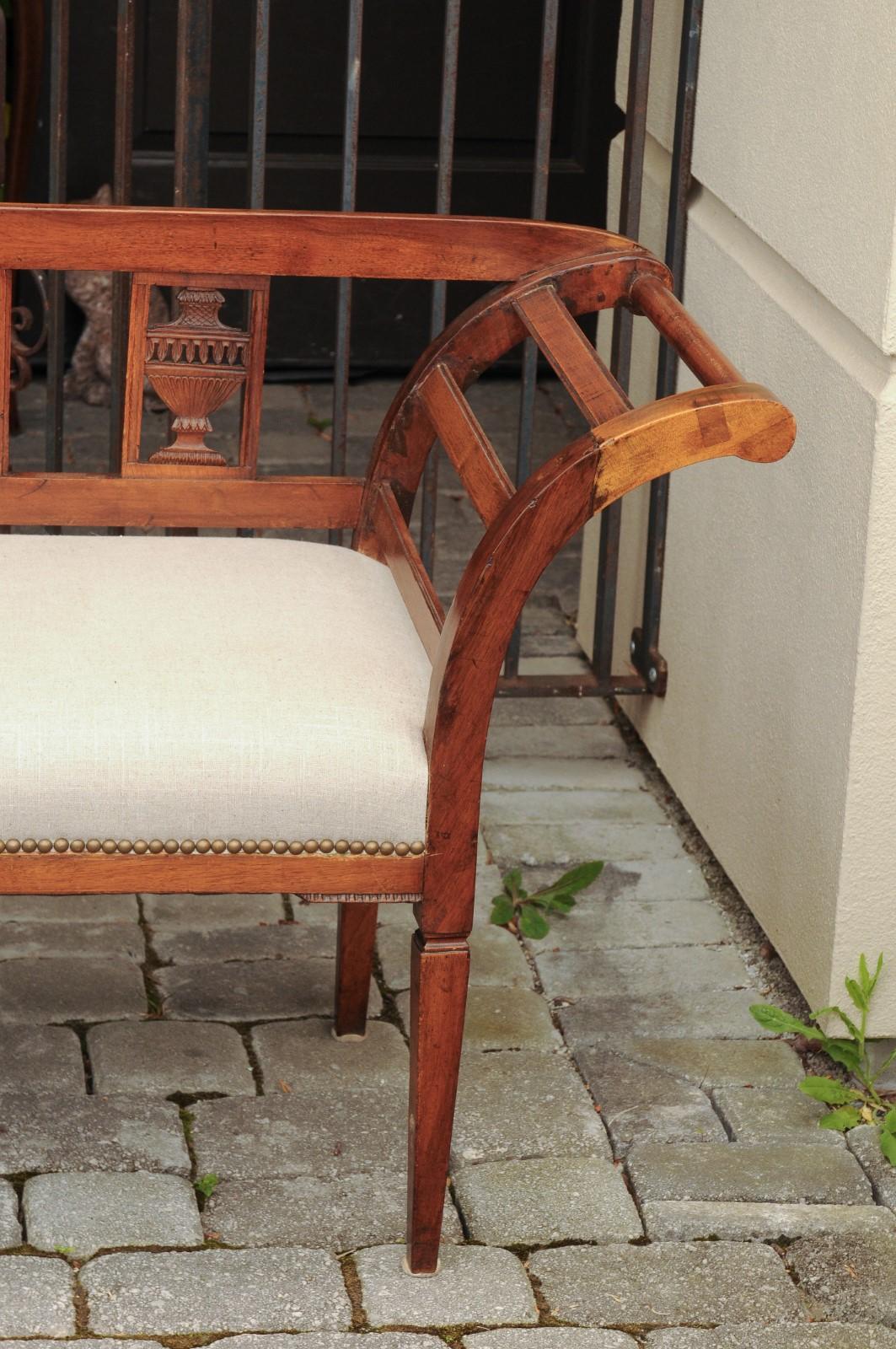 Upholstery French 1870s Upholstered Fruitwood Settee with Carved Urns and Outscrolling Arms