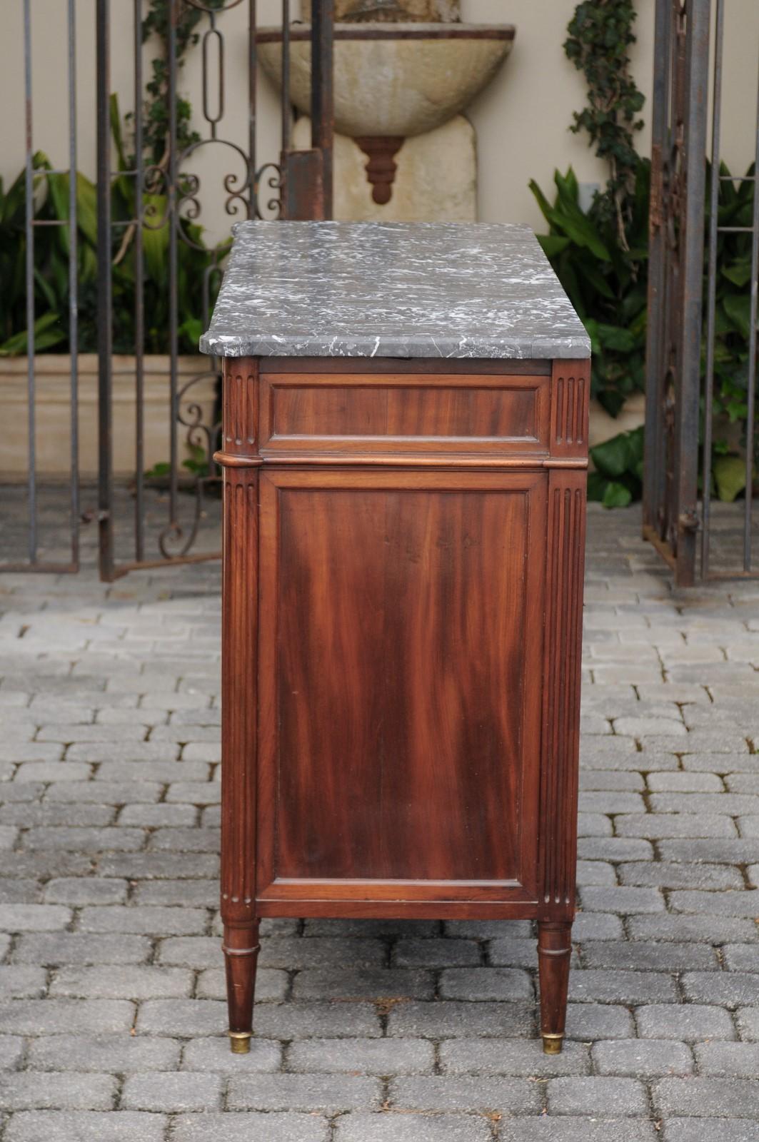 French 1870s Walnut Buffet with Grey Marble Top, Two Drawers and Two Doors 8