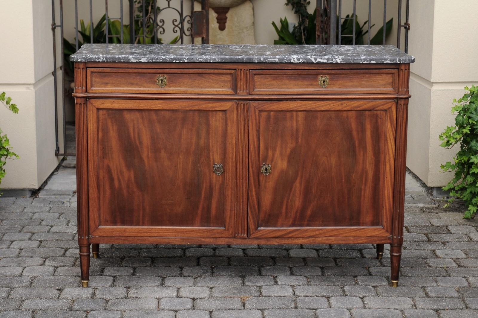 French 1870s Walnut Buffet with Grey Marble Top, Two Drawers and Two Doors 10