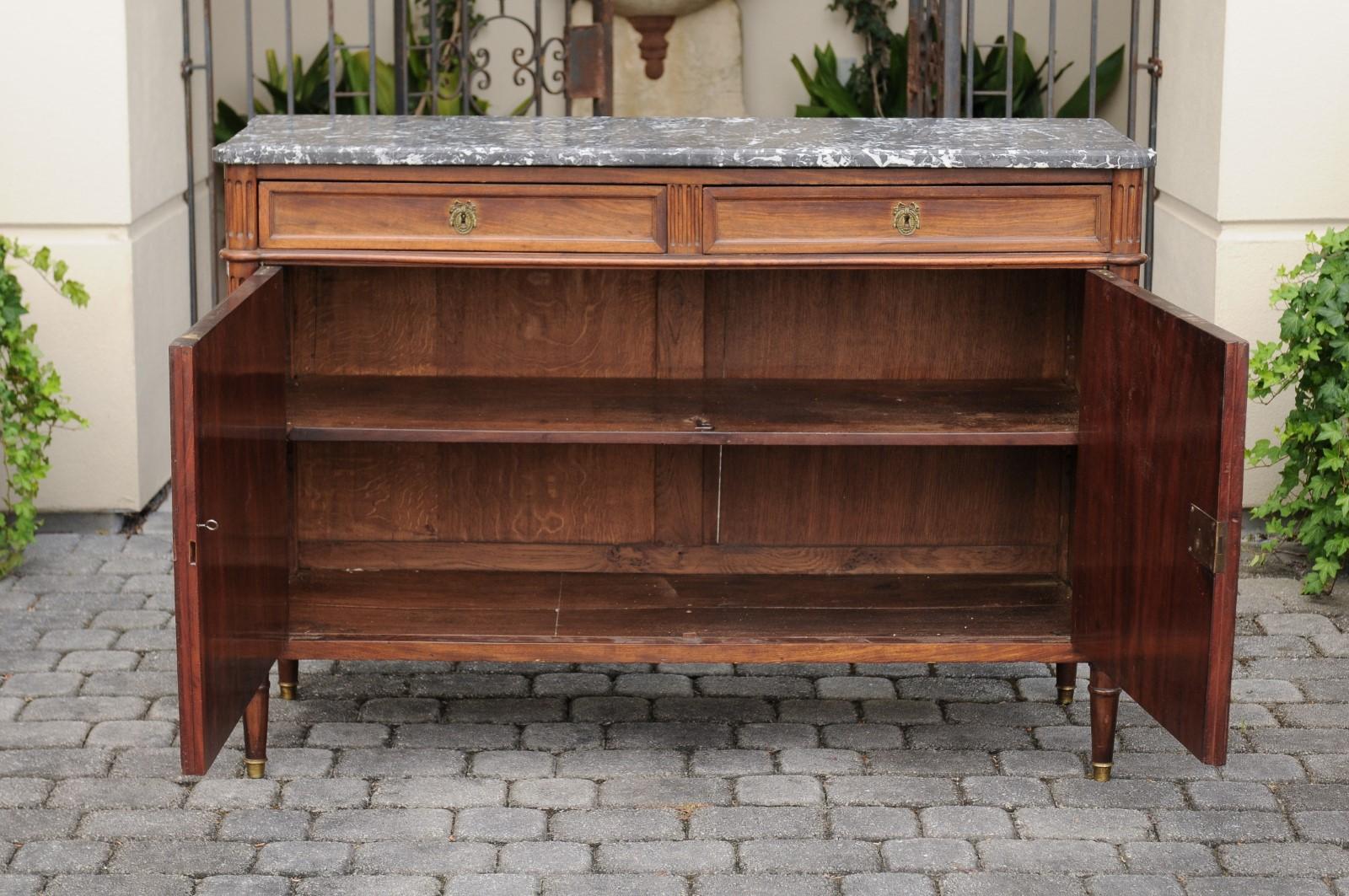 French 1870s Walnut Buffet with Grey Marble Top, Two Drawers and Two Doors 11